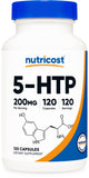 Nutricost 5-HTP frasco frontal mostrando etiqueta clara y beneficios