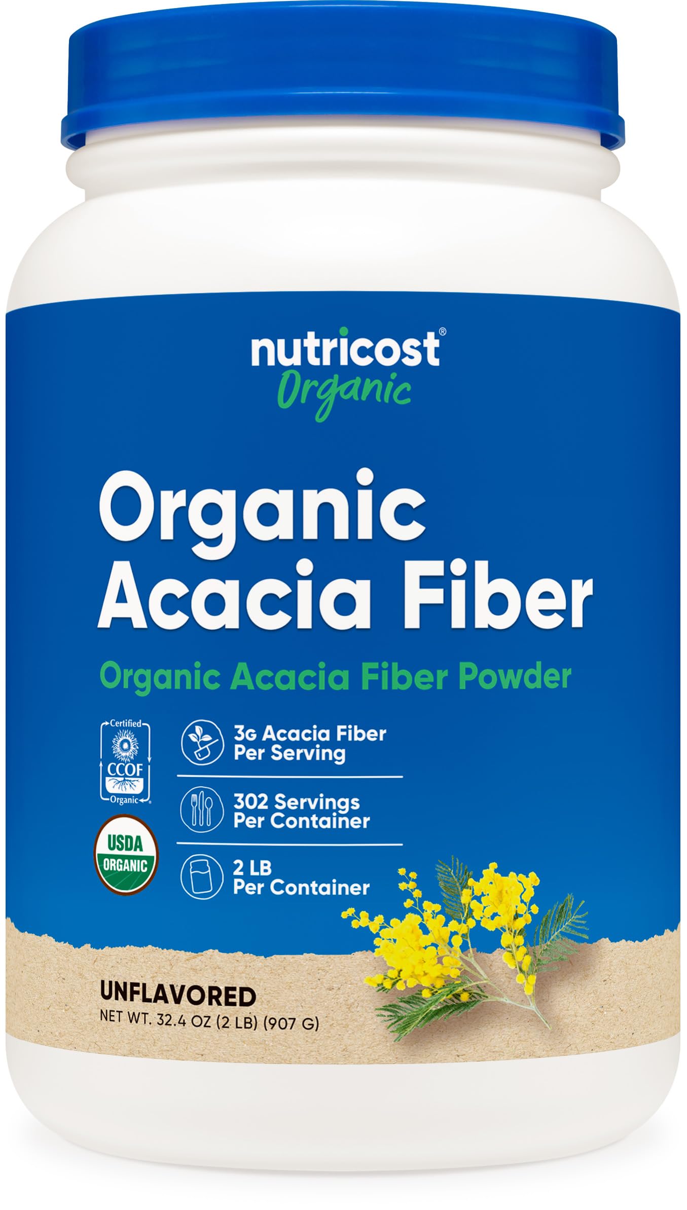Nutricost envase frontal mostrando etiqueta orgánica y ventaja de fibra