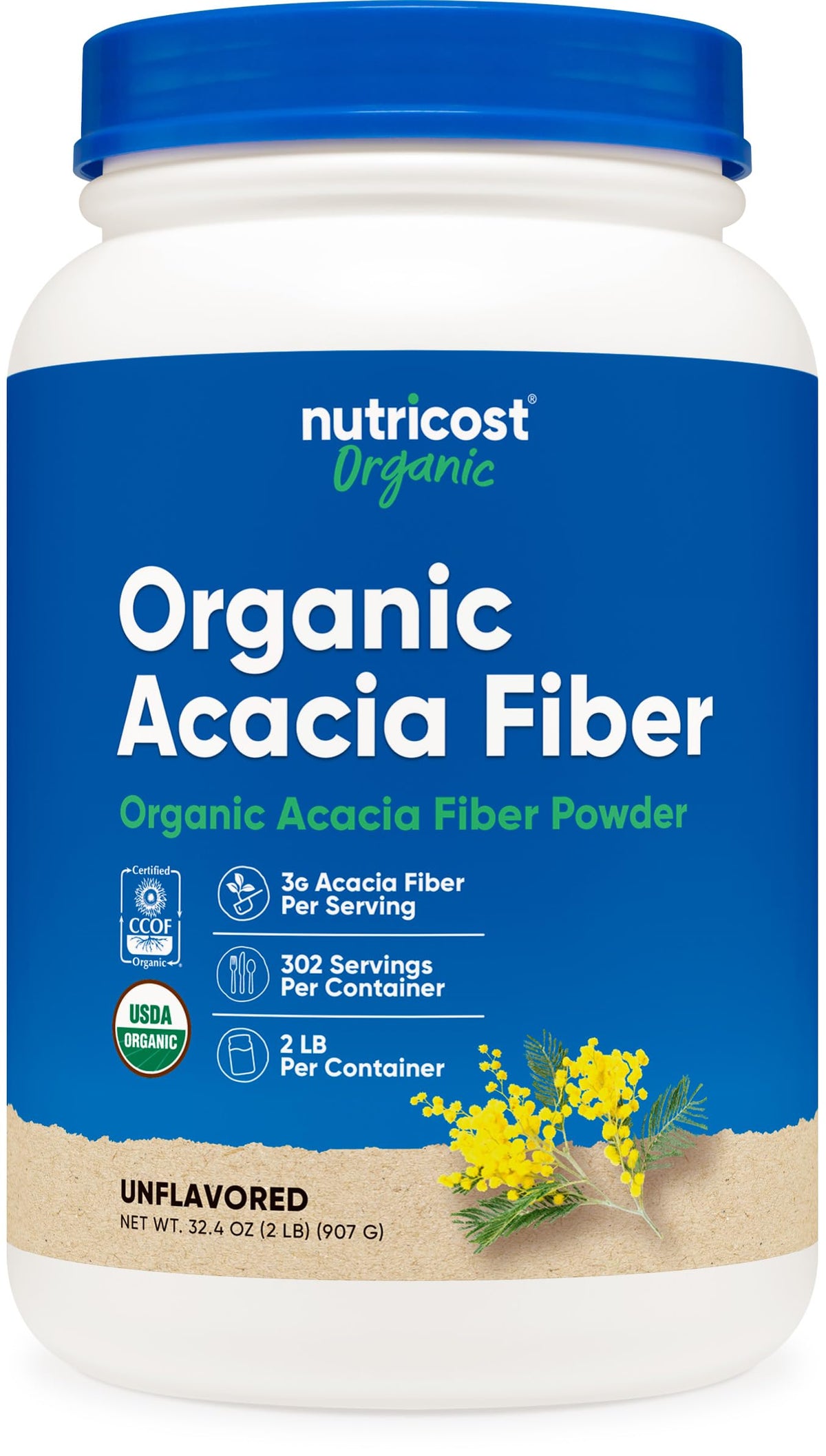 Nutricost envase frontal mostrando etiqueta orgánica y ventaja de fibra
