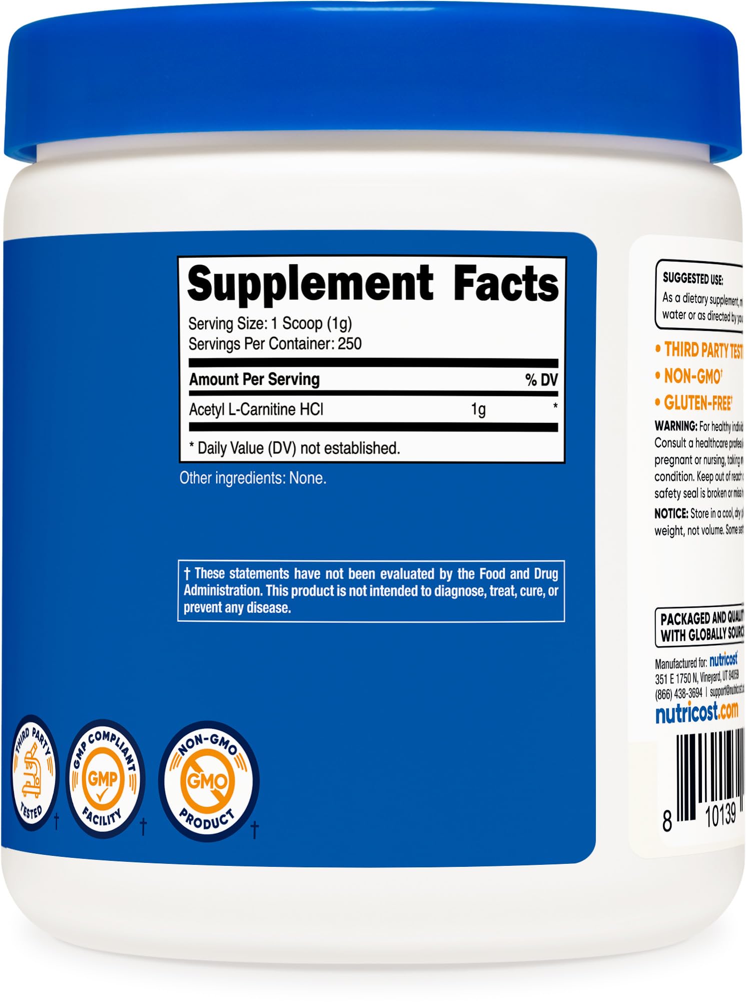 Nutricost etiqueta con información de ingredientes y certificaciones