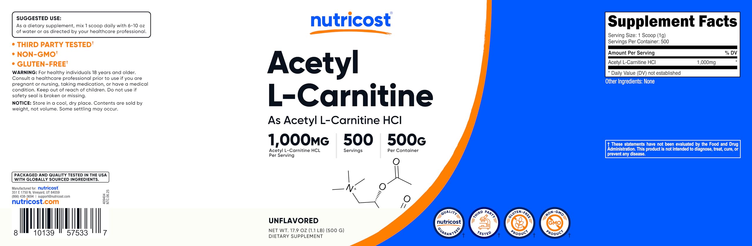 Nutricost ALCAR etiqueta con certificaciones GMP y prueba tercera