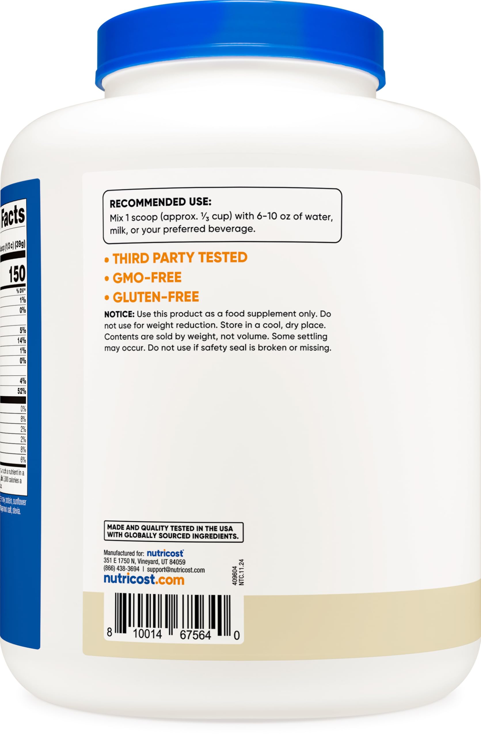 Nutricost etiqueta con certificaciones Kosher Halal y fabricación segura