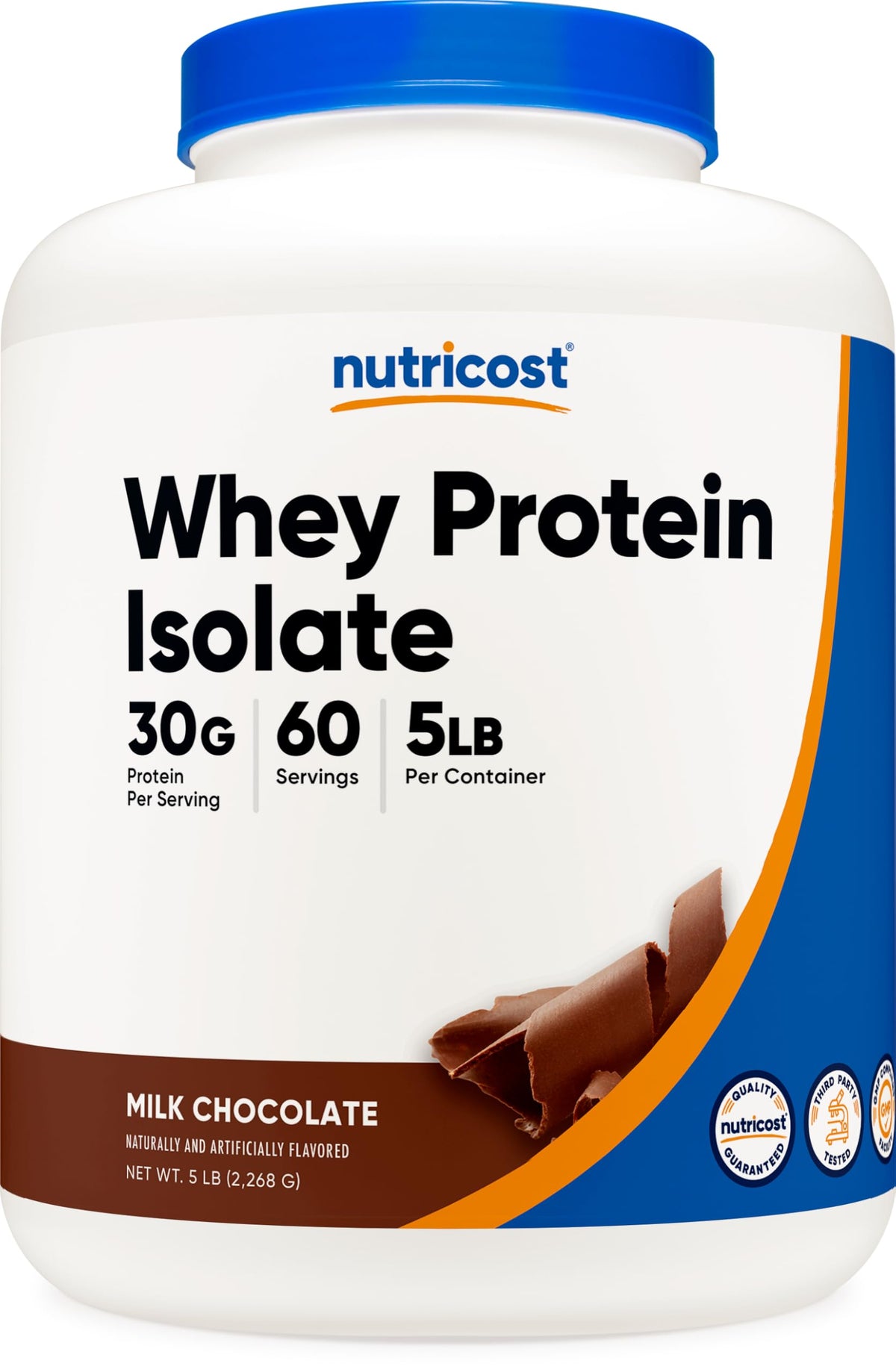 Nutricost bote frontal 5 lb mostrando etiqueta y beneficio de alta proteína