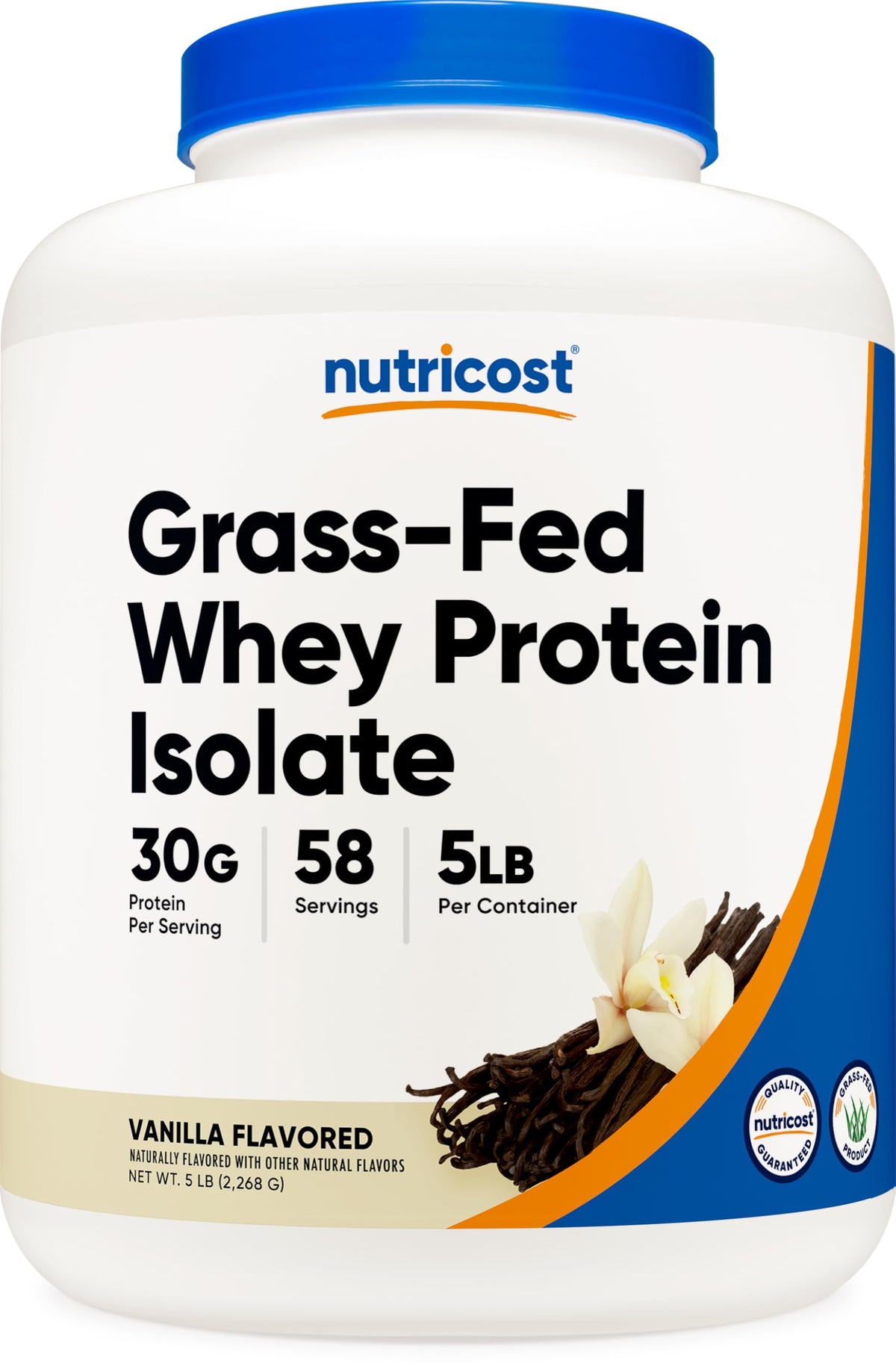 Nutricost frasco frontal mostrando 5 libras y beneficios de proteína