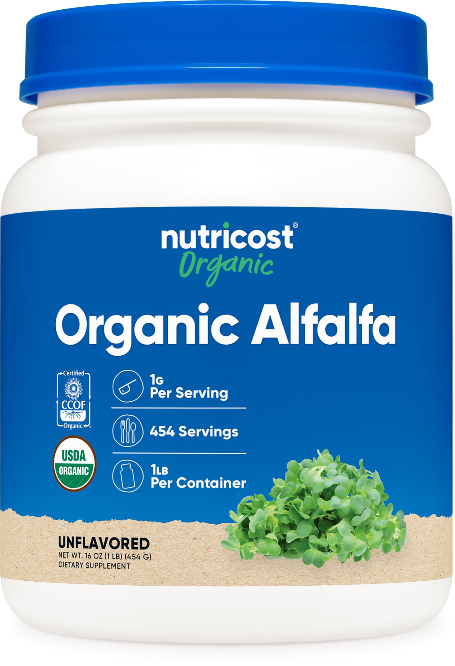 Nutricost alfalfa envase frontal mostrando 1 lb y sello USDA Organic