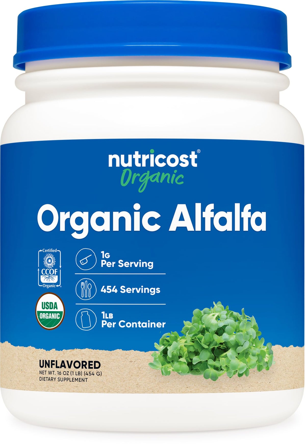 Nutricost alfalfa envase frontal mostrando 1 lb y sello USDA Organic