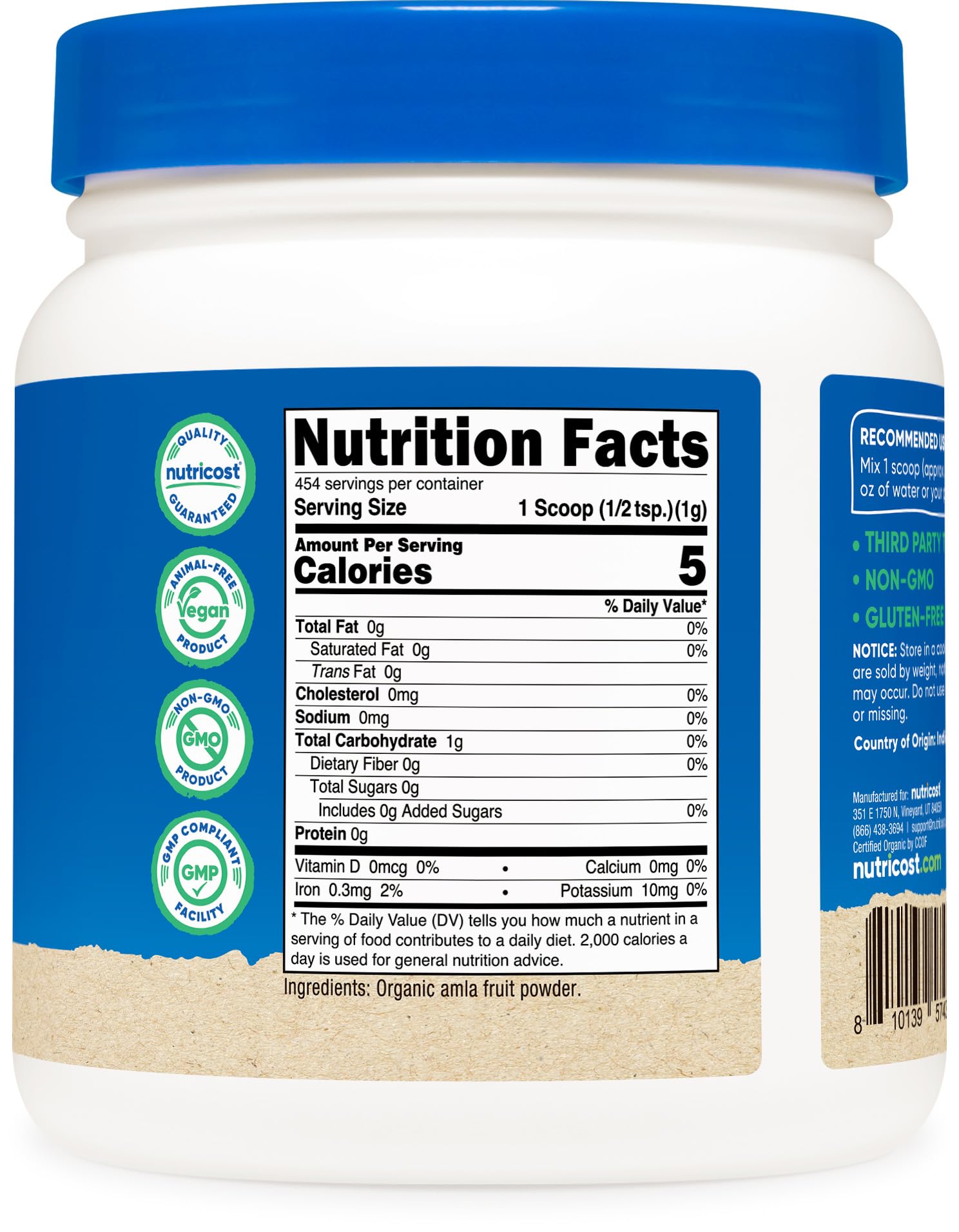 Nutricost etiqueta con certificaciones USDA Organic y NSF visibles