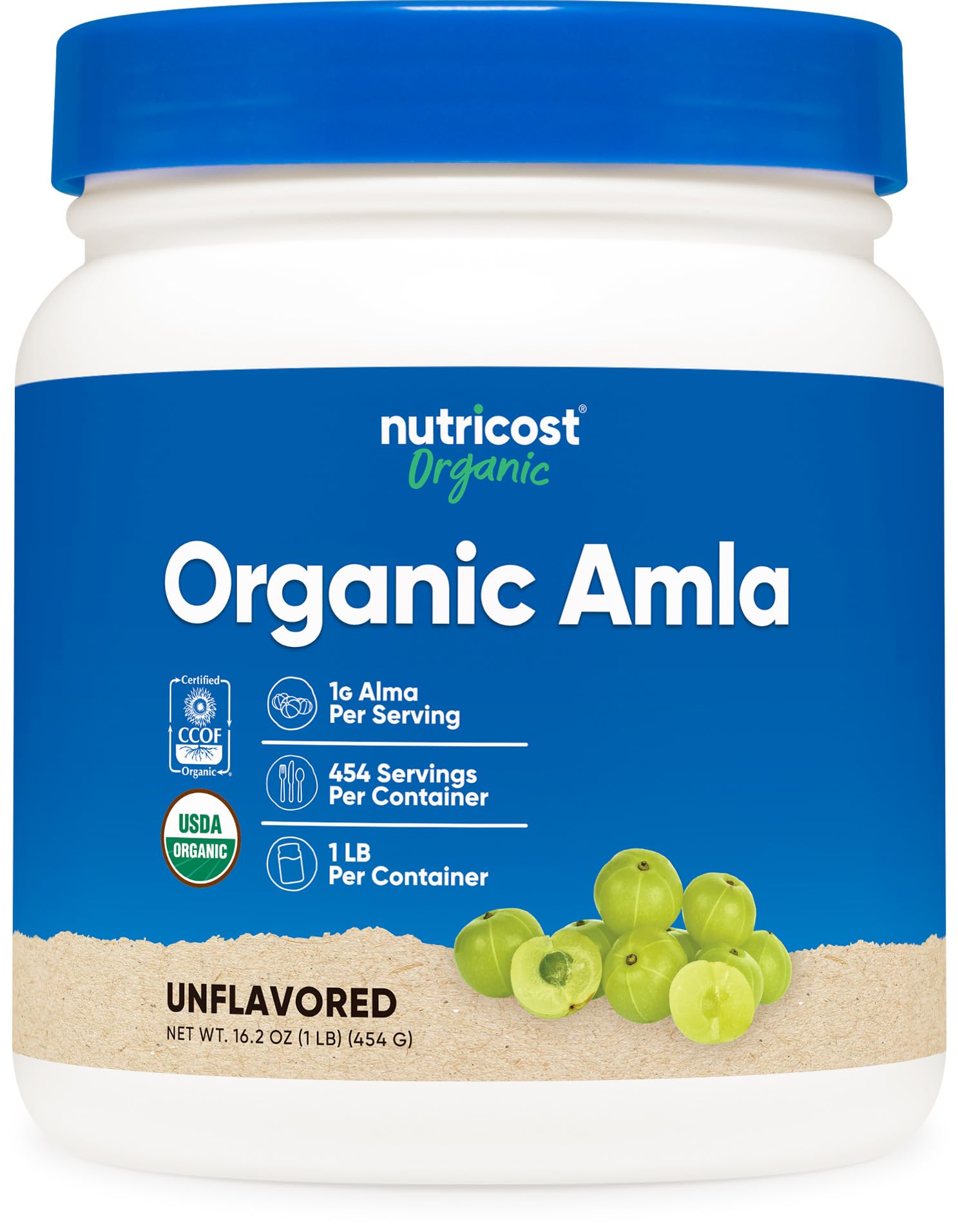 Nutricost envase frontal de amla orgánico mostrando tamaño y marca