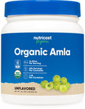 Nutricost envase frontal de amla orgánico mostrando tamaño y marca