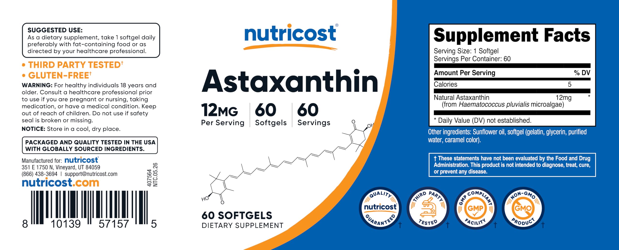 Frasco de Nutricost astaxanthin en entorno saludable con frutas y toalla