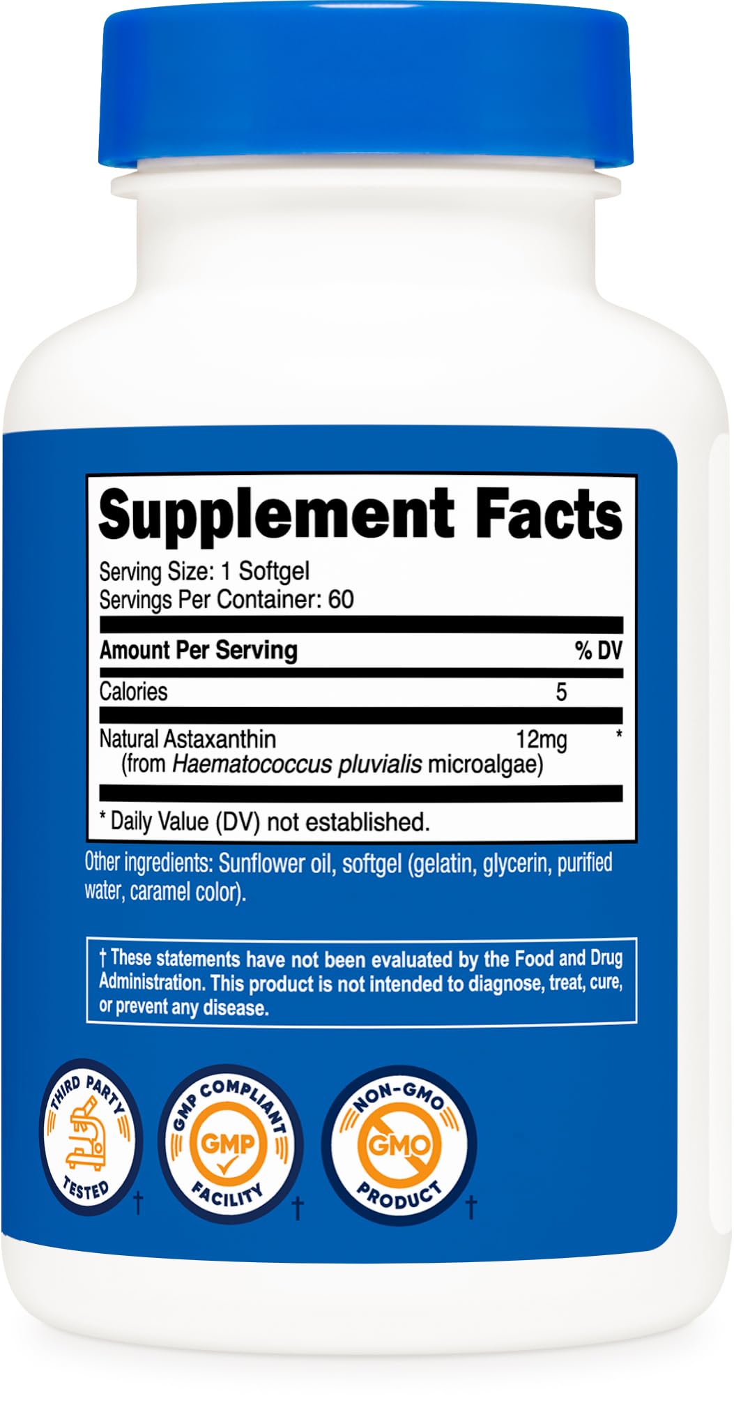 Etiqueta nutricional de Nutricost astaxanthin mostrando dosis y composición