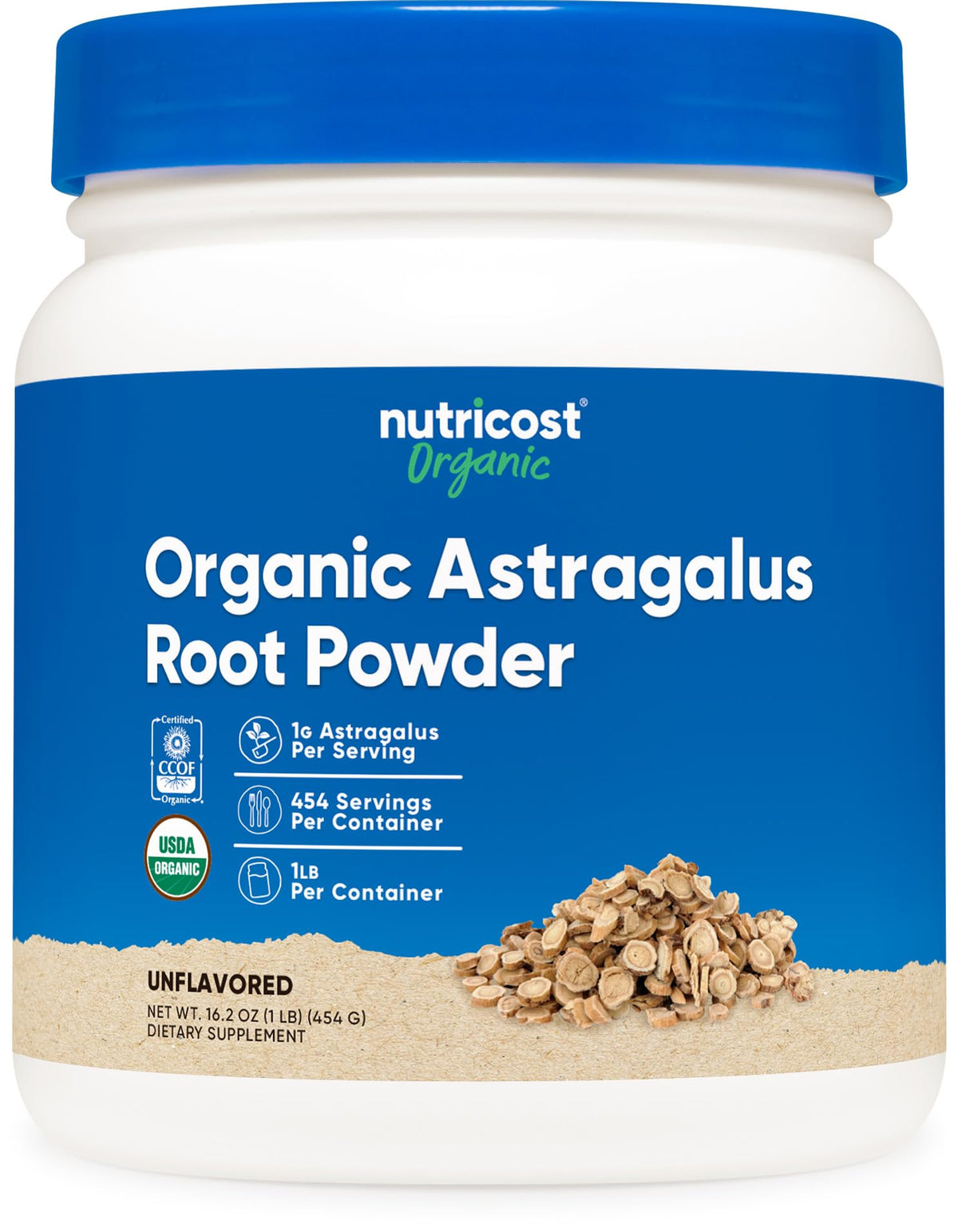 Nutricost envase frontal de astragalus raíz orgánico mostrando tamaño y marca