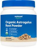 Nutricost envase frontal de astragalus raíz orgánico mostrando tamaño y marca