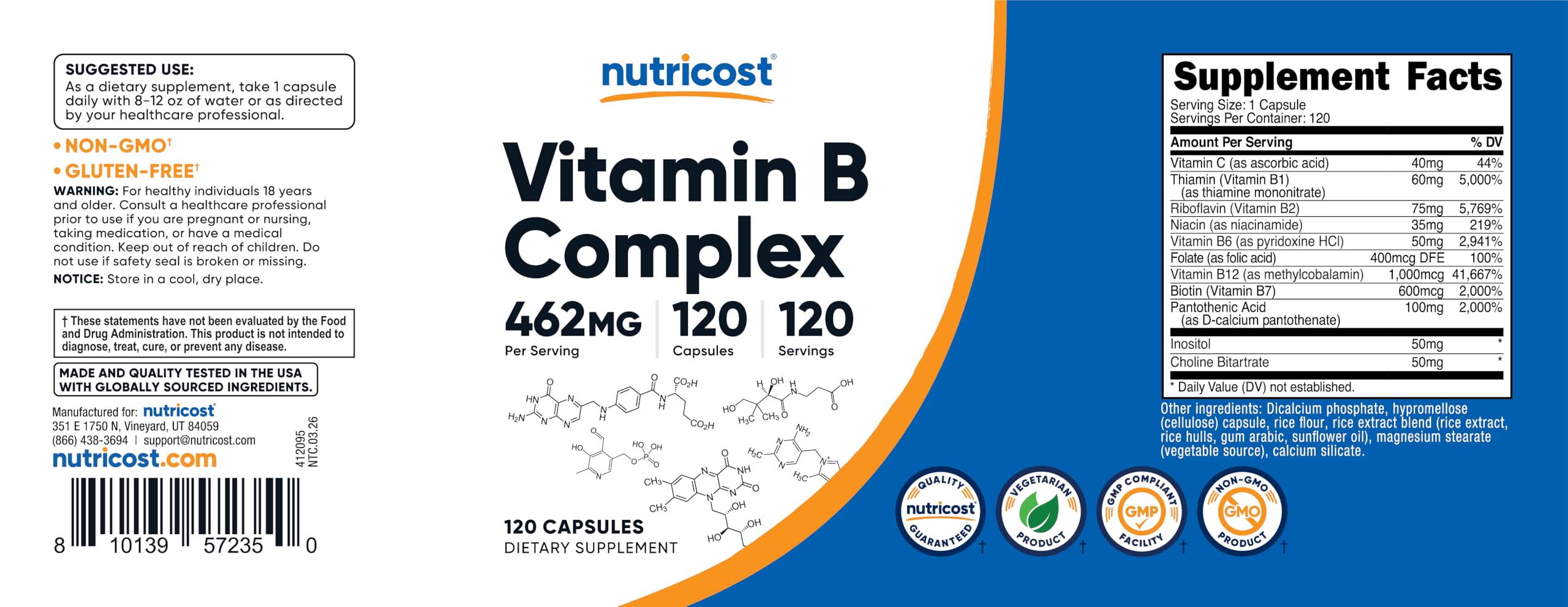 Nutricost envase abierto mostrando cápsulas dentro, indica cantidad y conservación