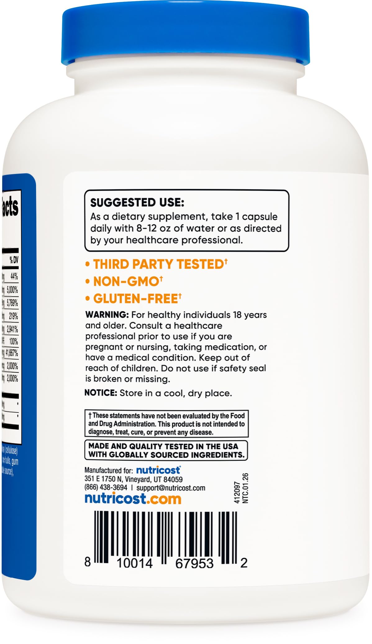 Nutricost etiqueta con lista de ingredientes y certificaciones visibles