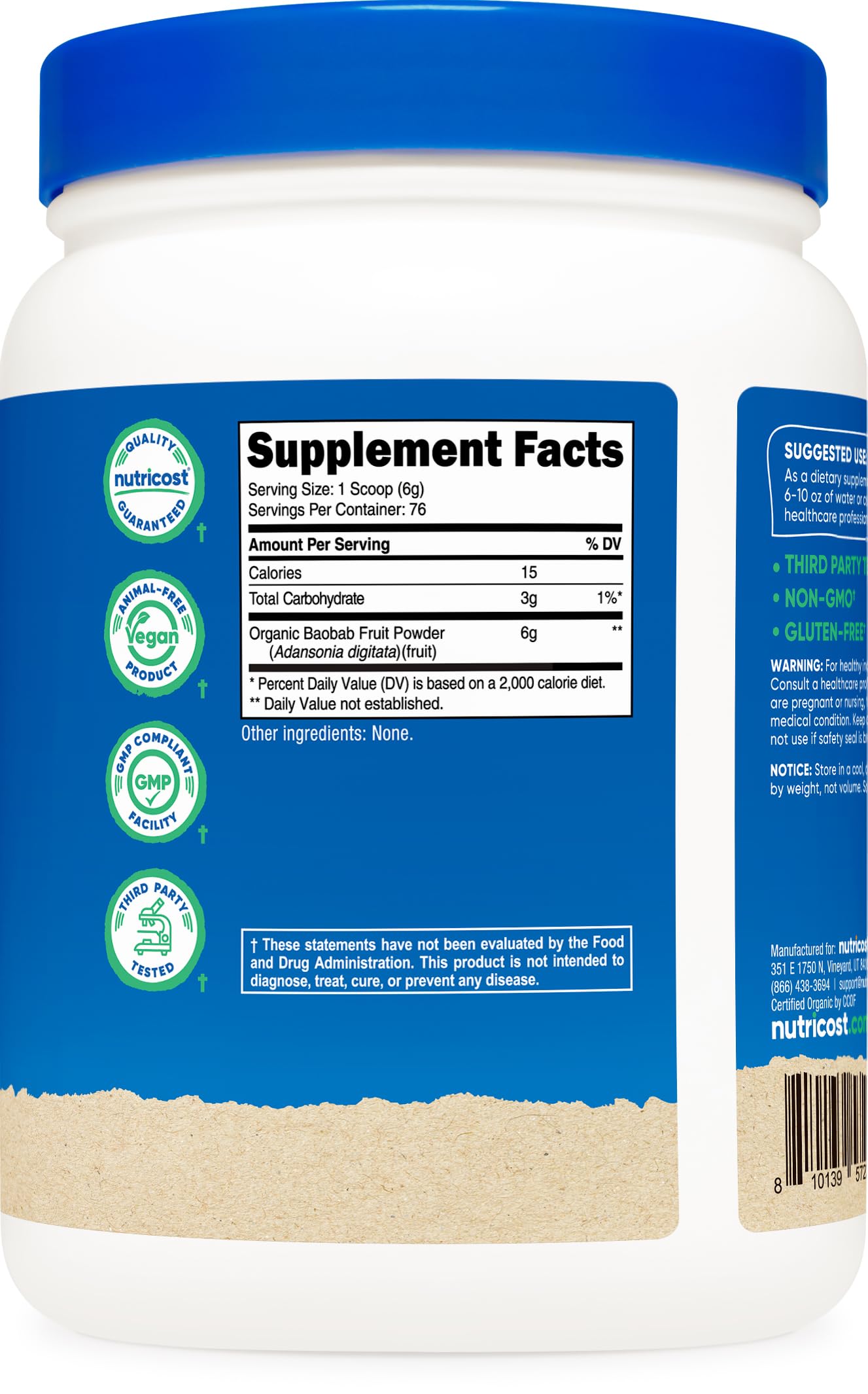Nutricost baobab etiqueta con certificaciones orgánica y libre de gluten