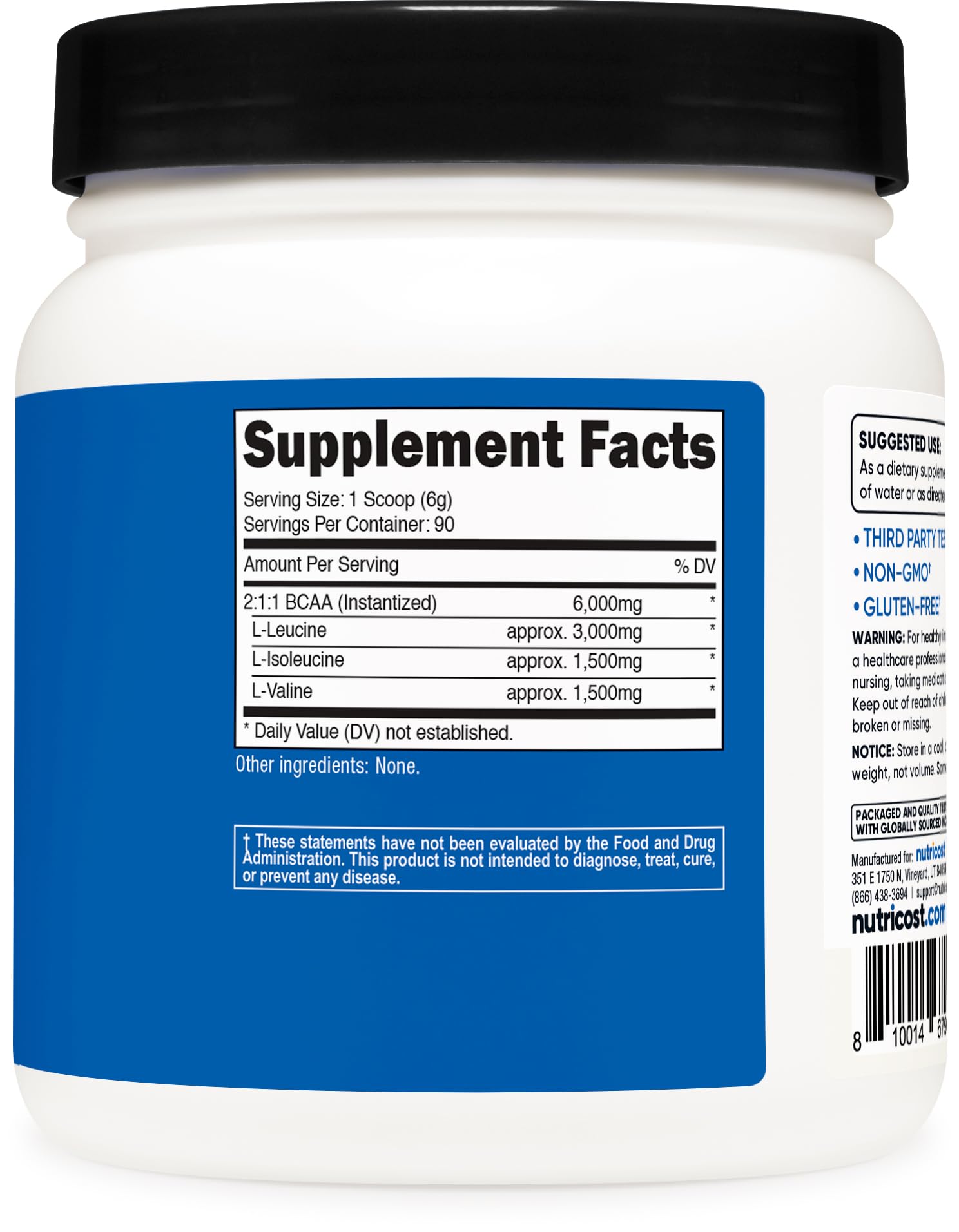 Detalle de etiqueta Nutricost BCAA 2:1:1 mostrando proporción y servicios