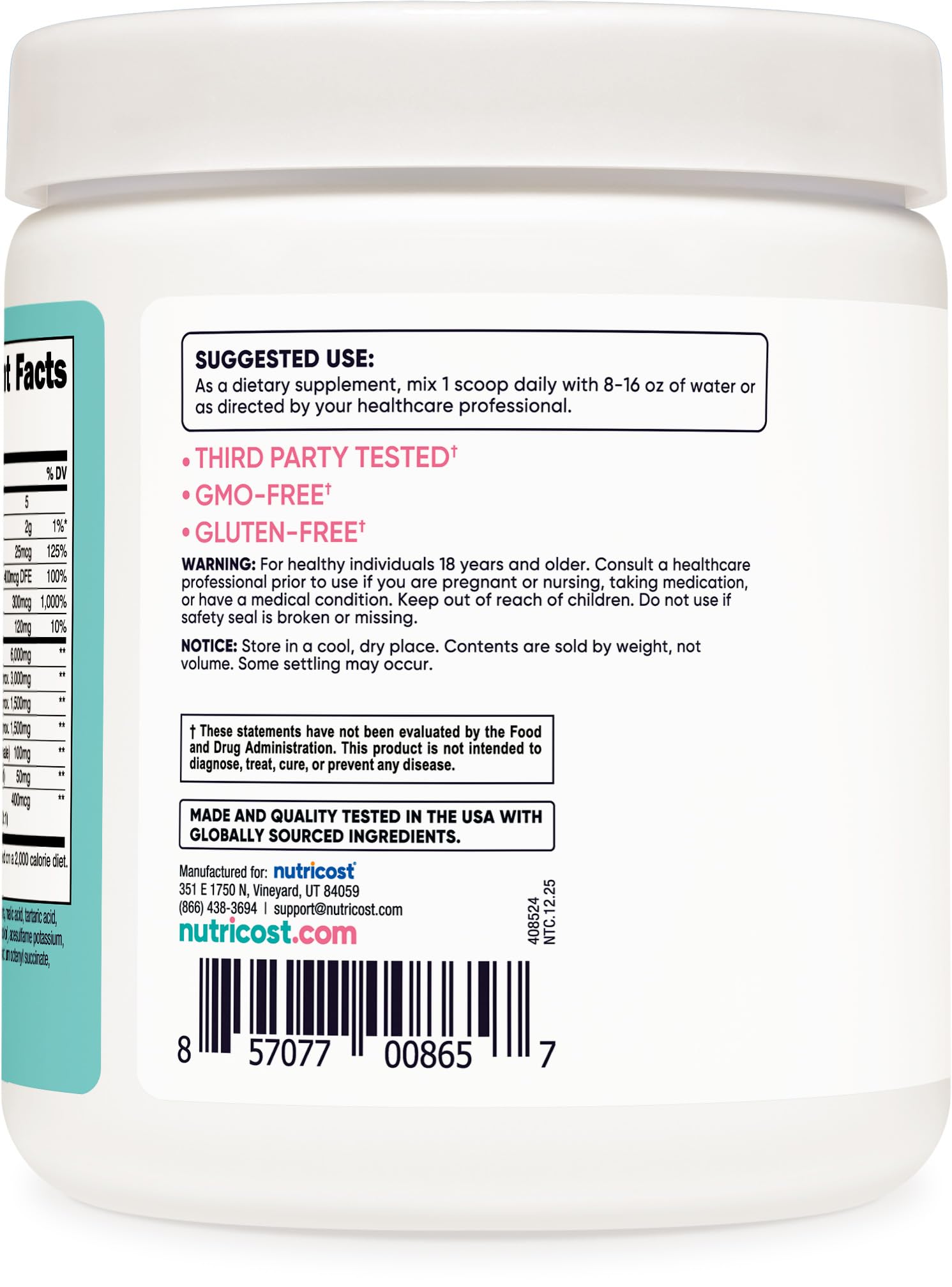 Nutricost etiqueta con datos nutricionales y certificaciones claras