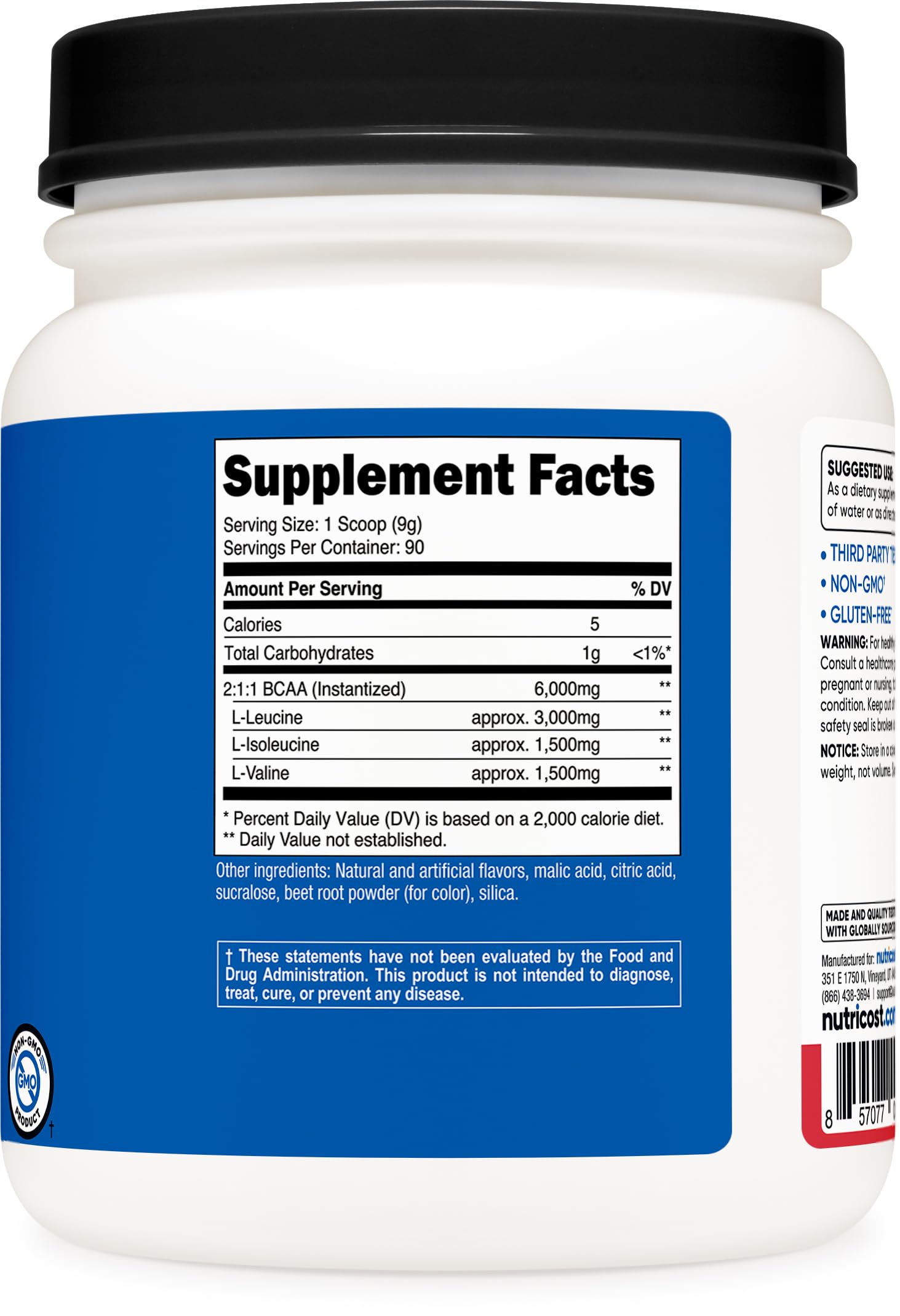 Nutricost etiqueta nutricional destacando 6 g BCAA por servicio y certificados