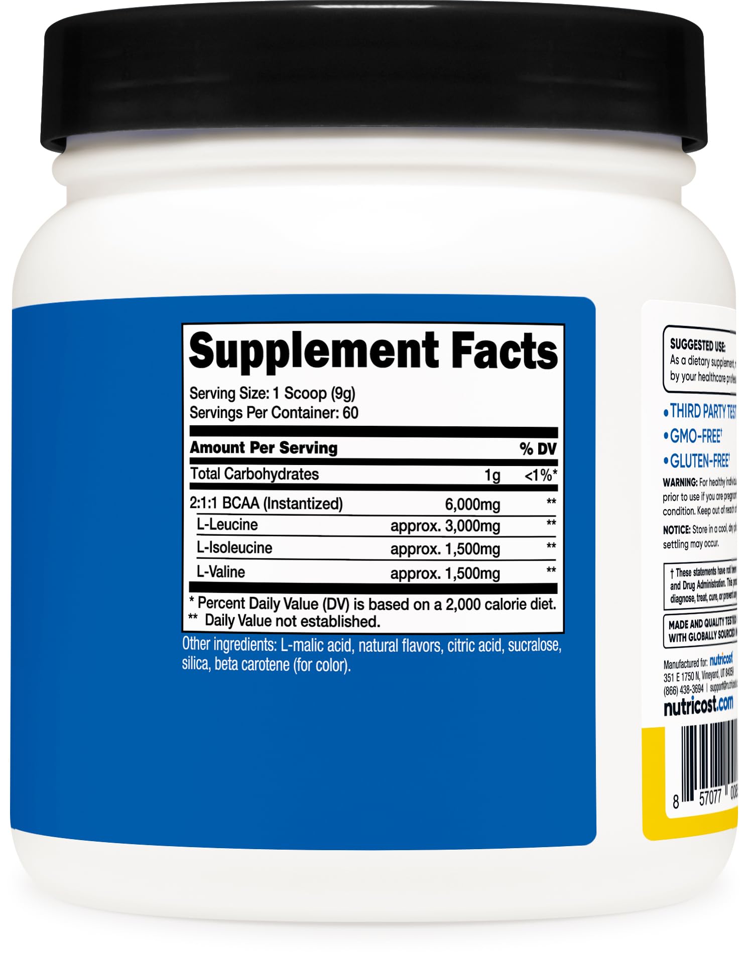 Nutricost BCAA etiqueta con información nutricional destacando 6 g de BCAA por porción