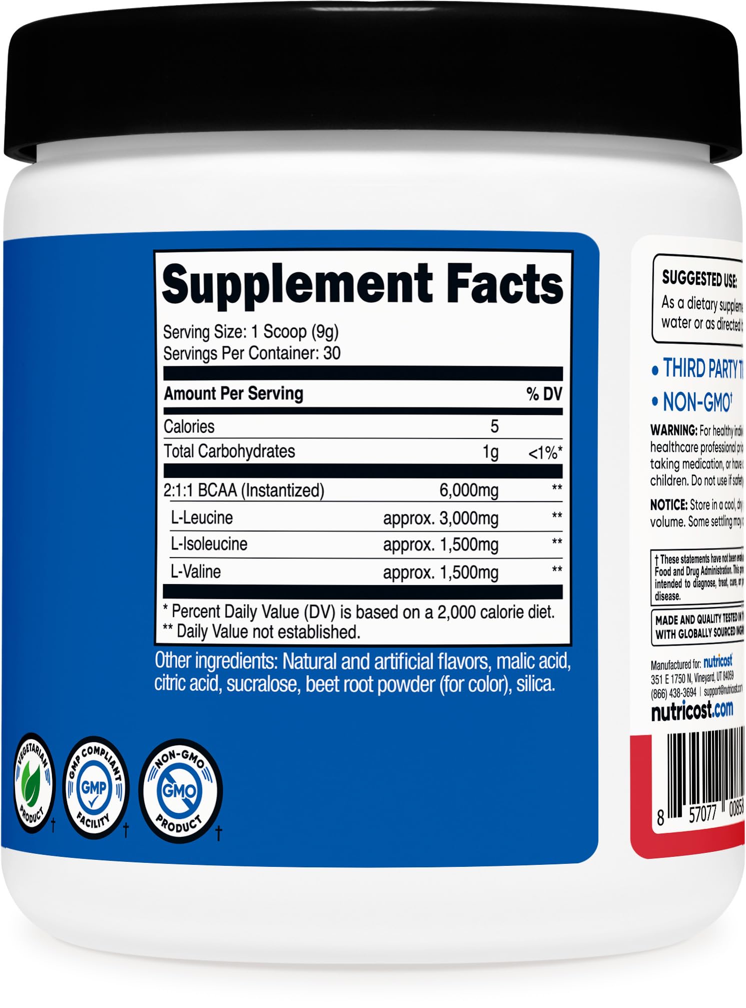 Nutricost etiqueta con lista de ingredientes y sellos de certificación