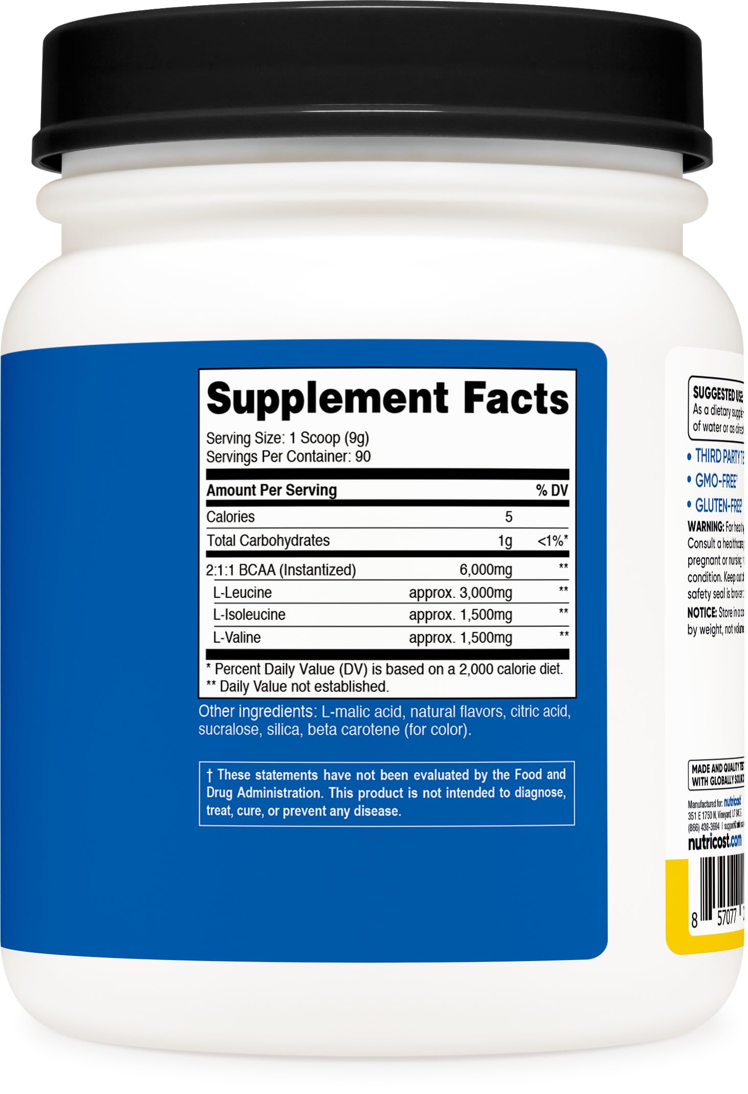 Nutricost detalle de etiqueta nutricional y certificaciones, confianza de calidad