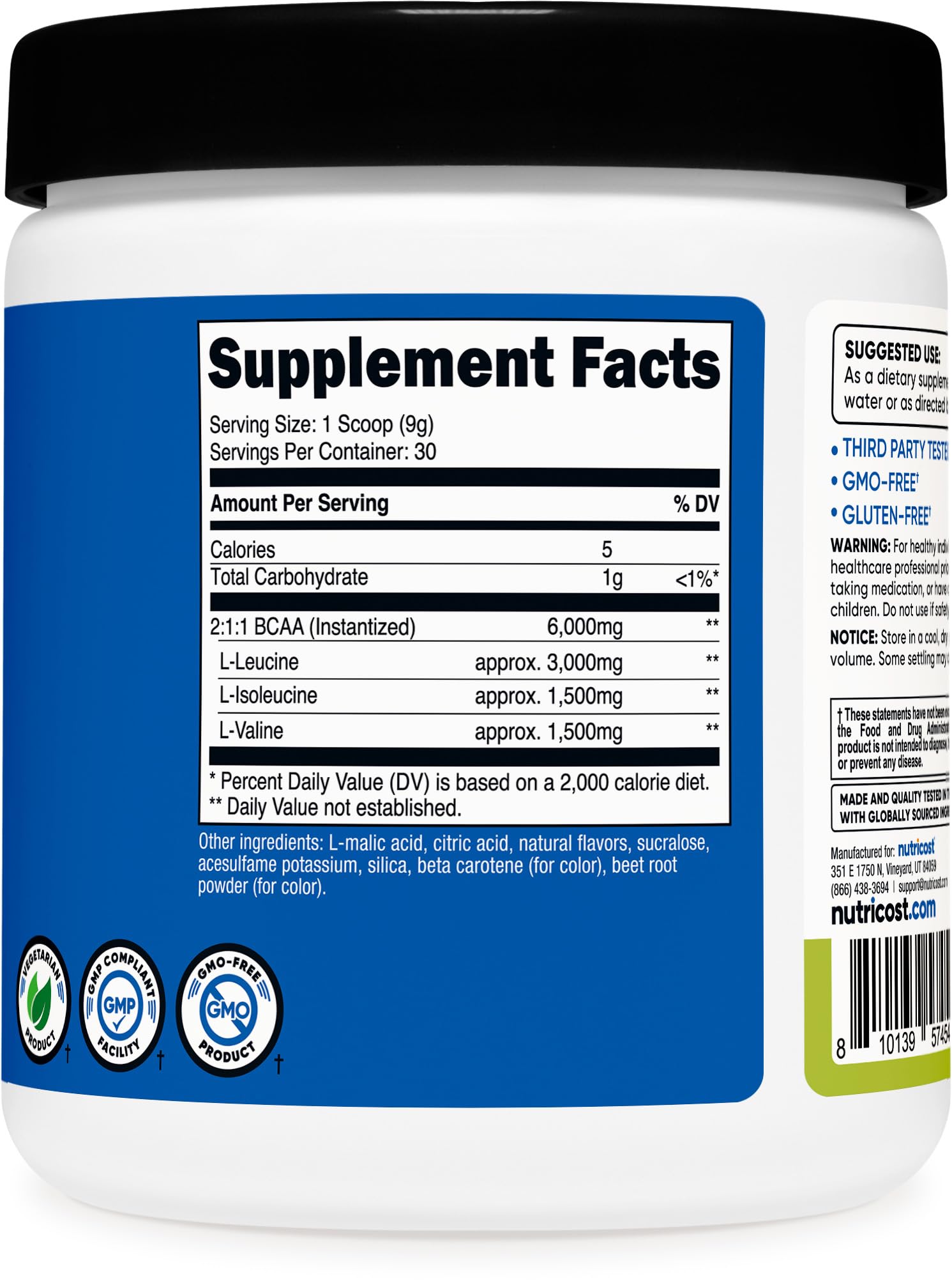 Nutricost etiqueta nutricional mostrando 6 g BCAA por porción