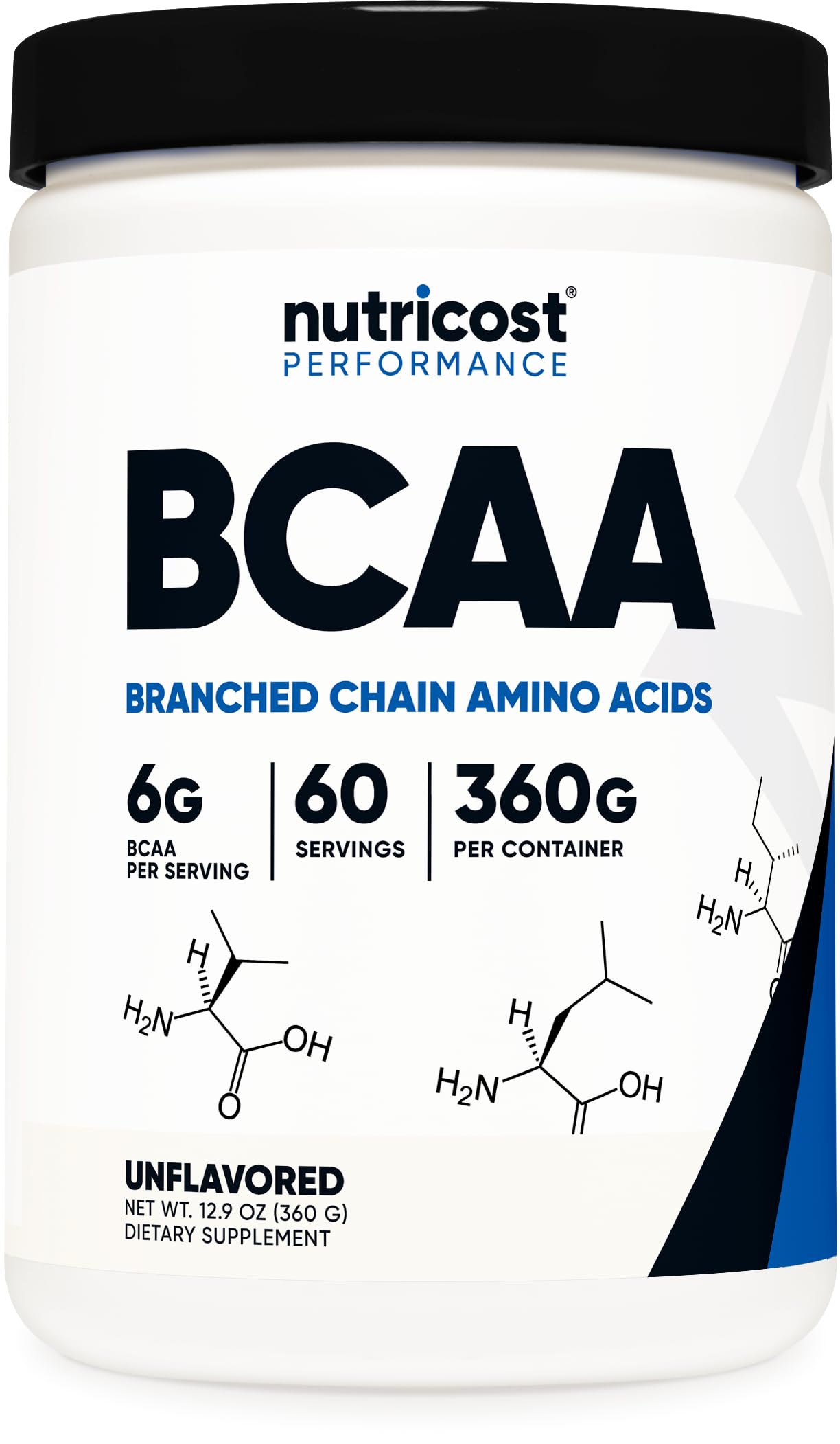 Nutricost envase frontal del BCAA sin sabor mostrando cantidad y porciones para uso práctico