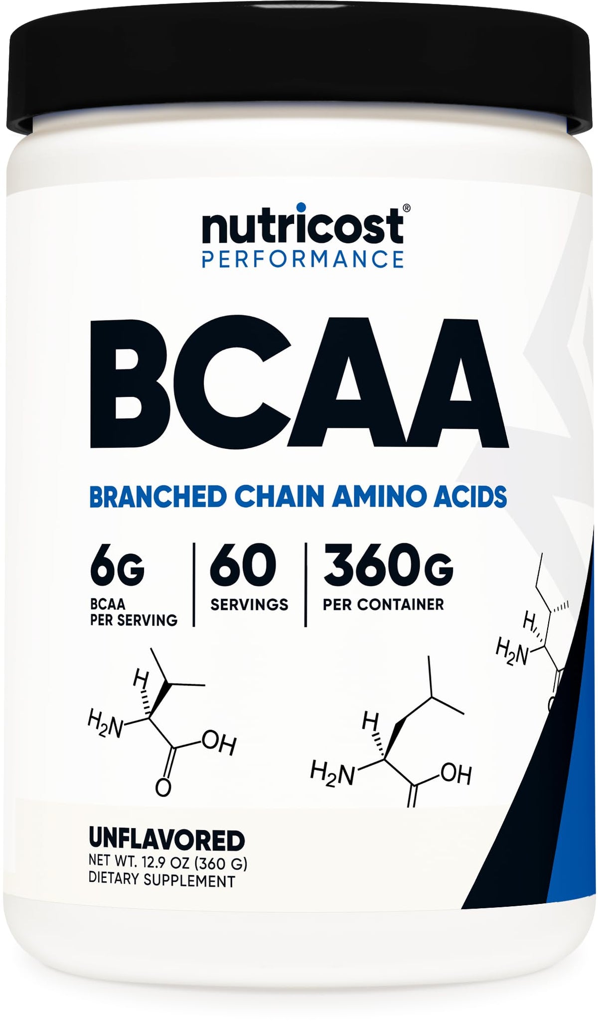 Nutricost envase frontal del BCAA sin sabor mostrando cantidad y porciones para uso práctico