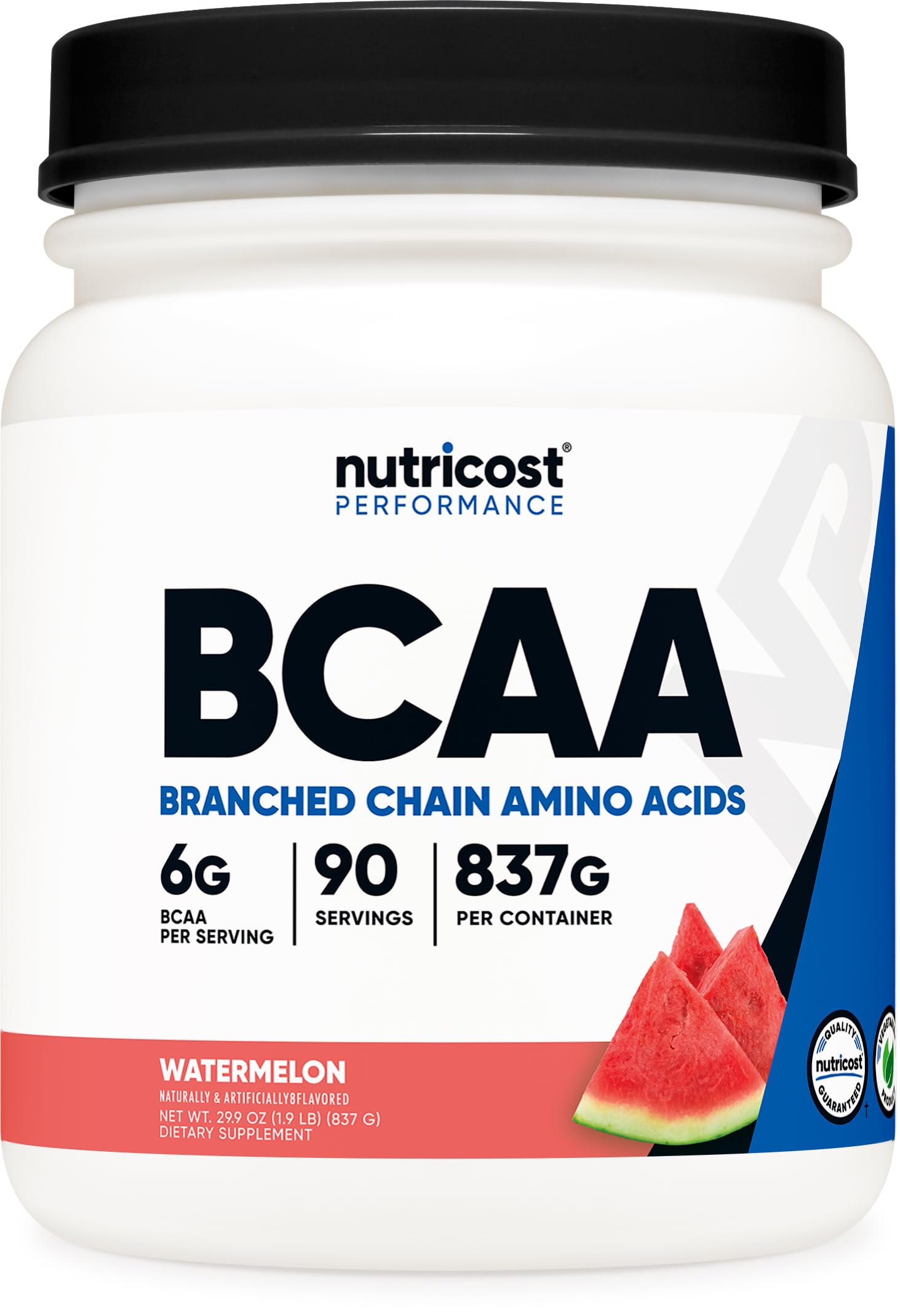 Nutricost envase frontal de BCAA sabor sandía, presentación clara y cantidad