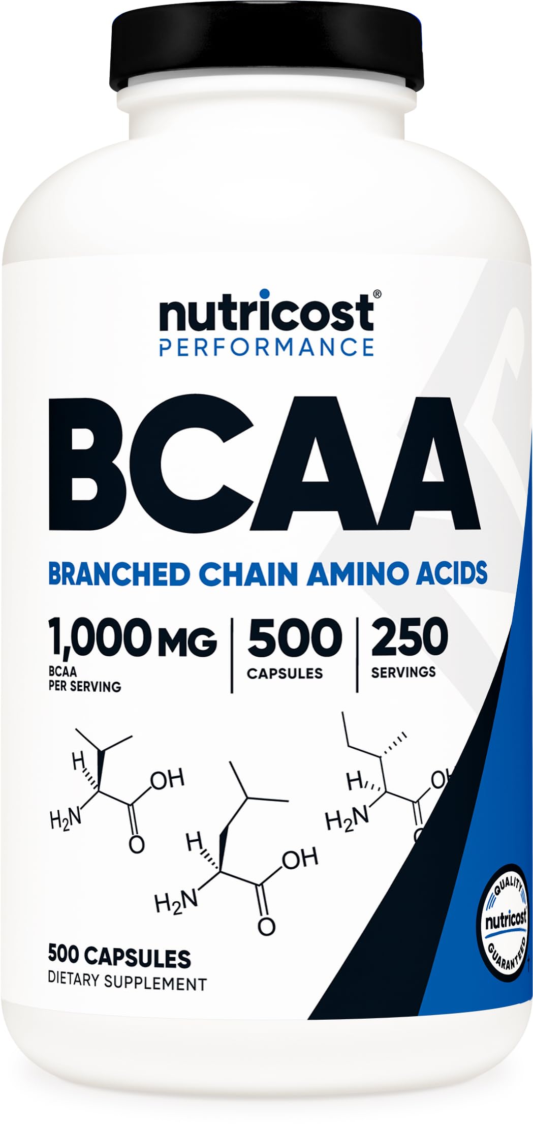 Nutricost frasco frontal mostrando 500 cápsulas y ratio 2:1:1, uso práctico