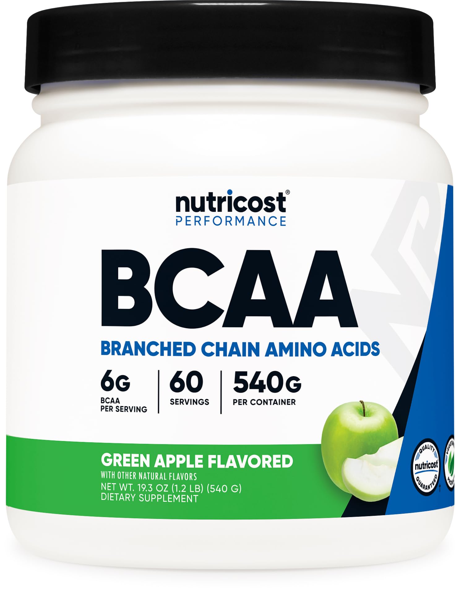 Nutricost bote frontal con etiqueta clara y beneficios visibles
