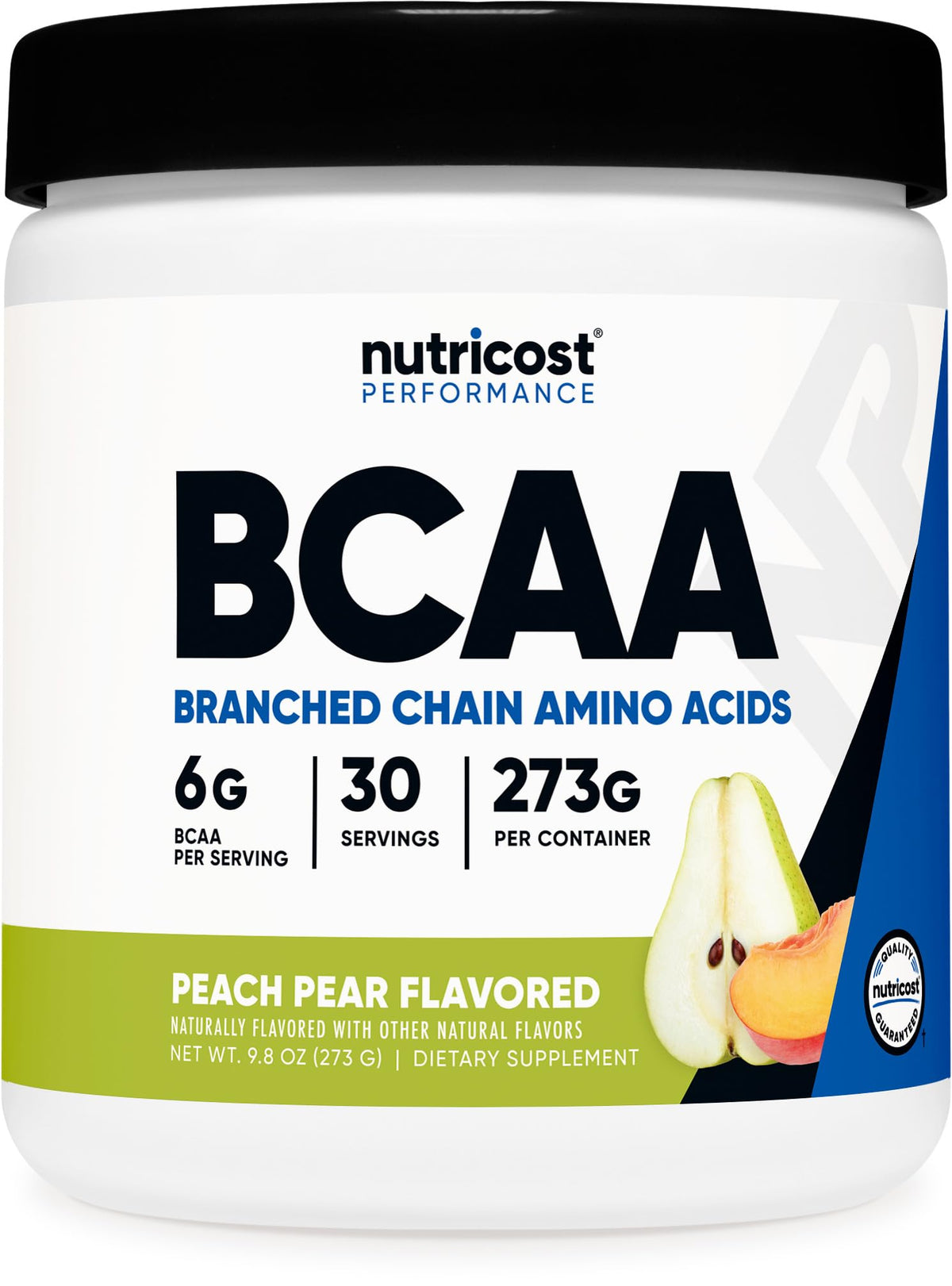 Nutricost envase frontal BCAA Peach Pear mostrando diseño y porciones