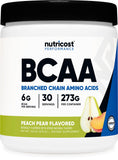 Nutricost envase frontal BCAA Peach Pear mostrando diseño y porciones