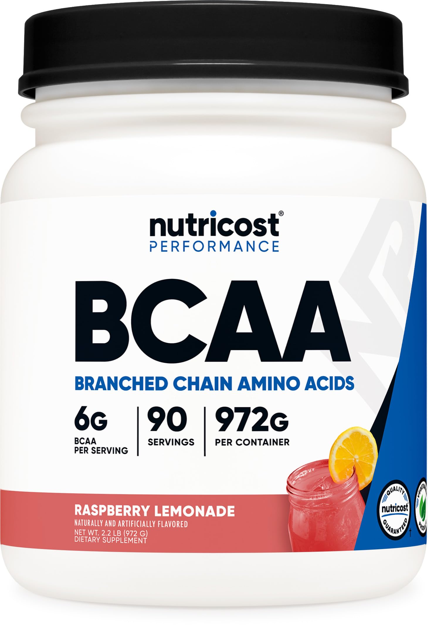 Nutricost bote frontal mostrando diseño y sabor Raspberry Lemonade, beneficios de conveniencia