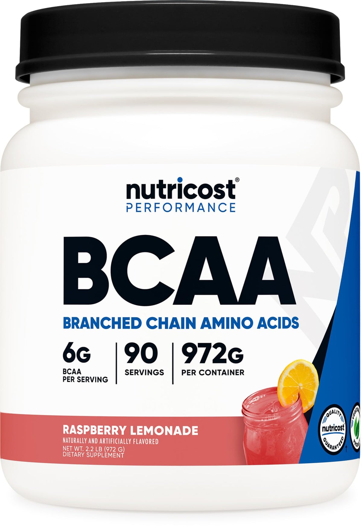 Nutricost bote frontal mostrando diseño y sabor Raspberry Lemonade, beneficios de conveniencia
