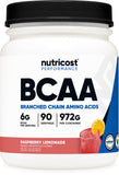 Nutricost bote frontal mostrando diseño y sabor Raspberry Lemonade, beneficios de conveniencia