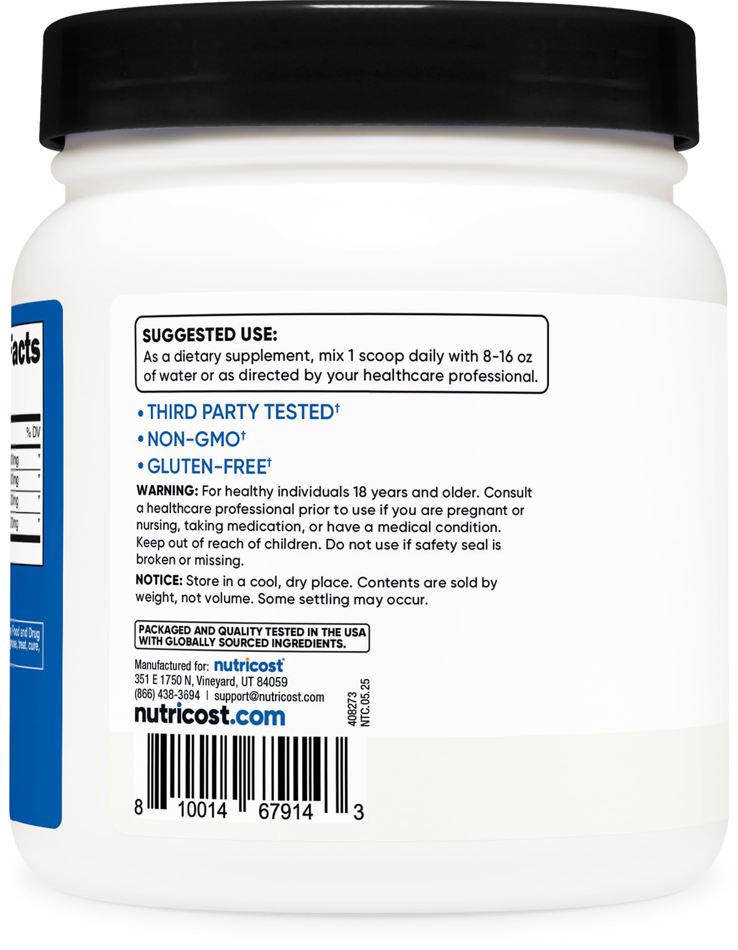 Comparación de tamaño Nutricost BCAA con objeto cotidiano para referencia de volumen