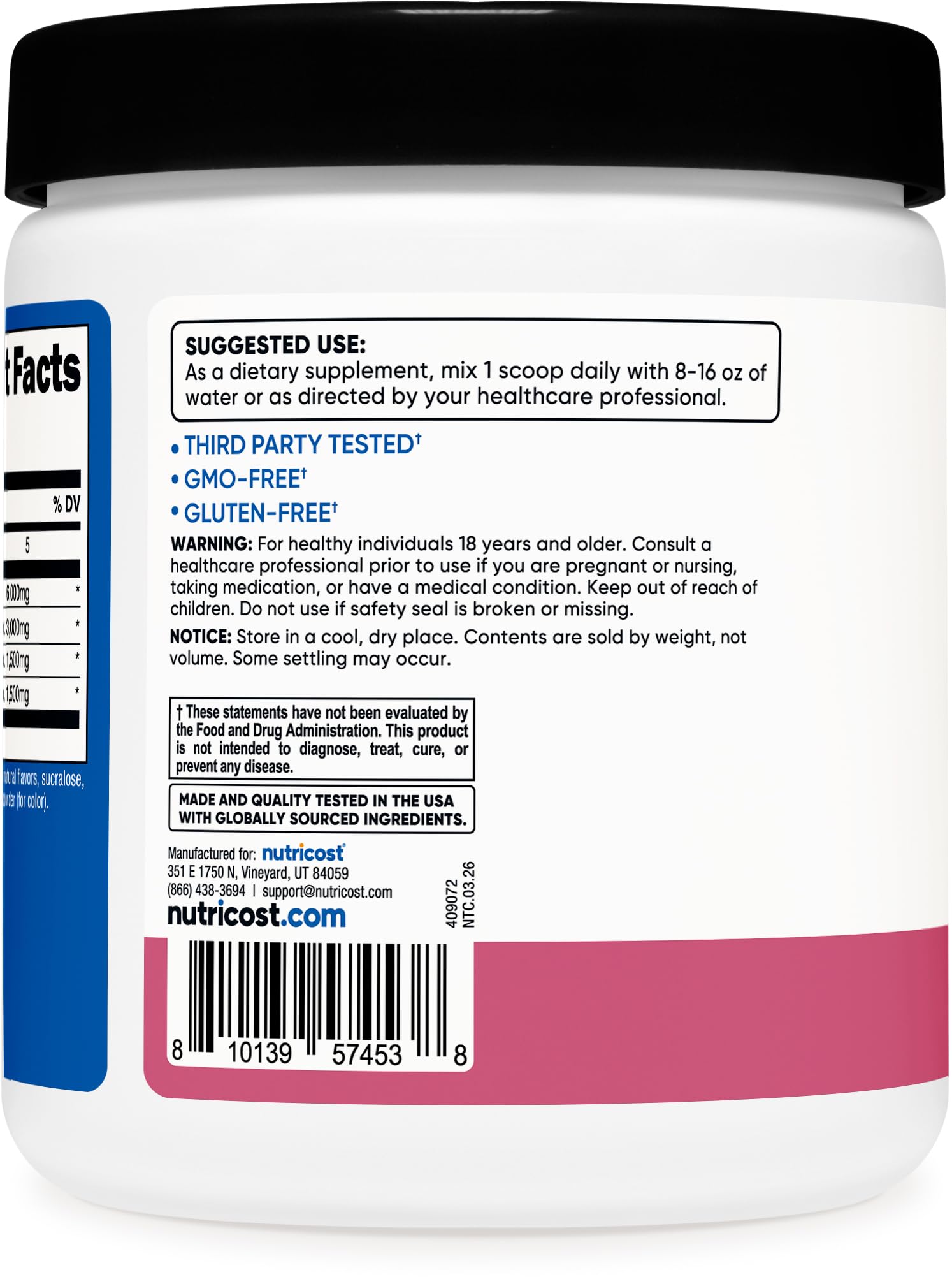 Nutricost envase junto a medida, ilustra 30 servicios por bote
