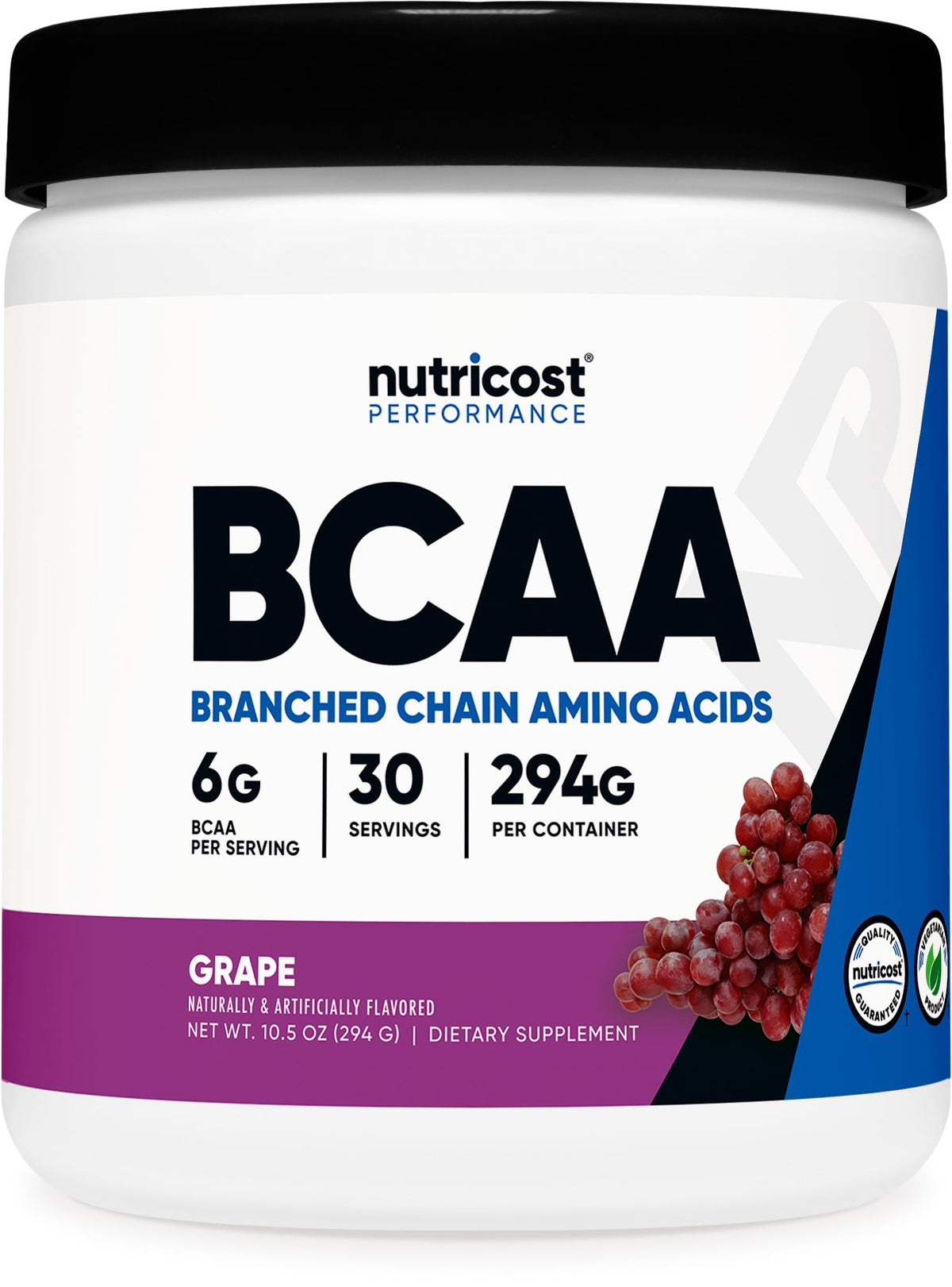 Nutricost bote frontal con etiqueta clara y sabor uva, muestra conveniencia
