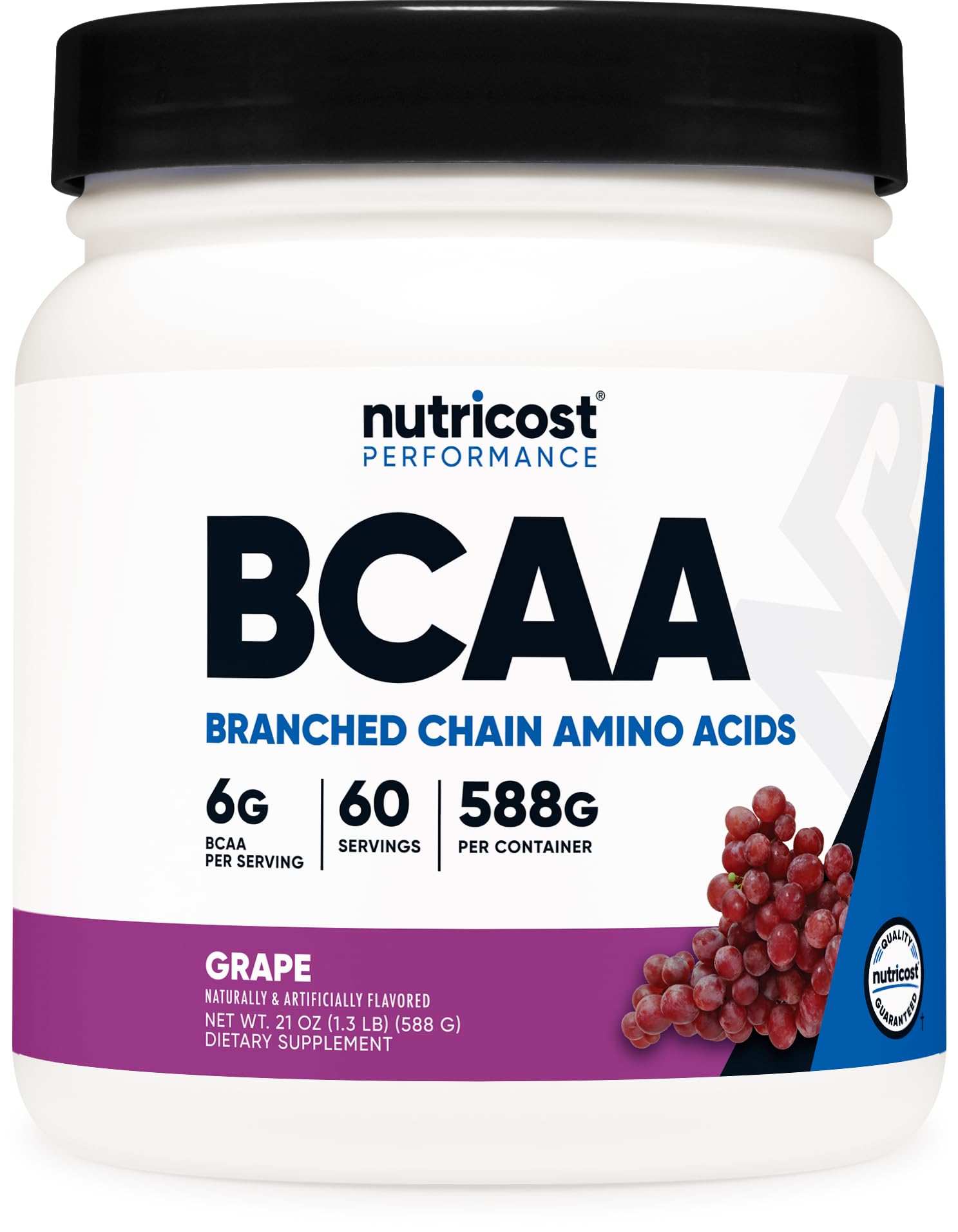 Nutricost BCAA uva en envase frontal mostrando diseño y porciones