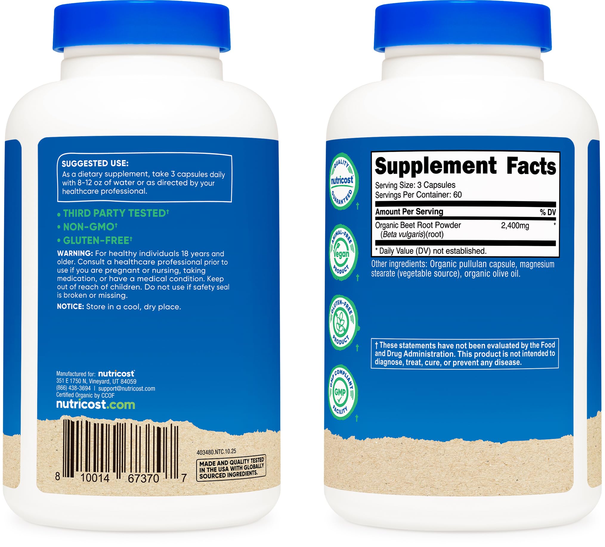 Nutricost etiqueta con certificaciones y lista de ingredientes clara y transparente