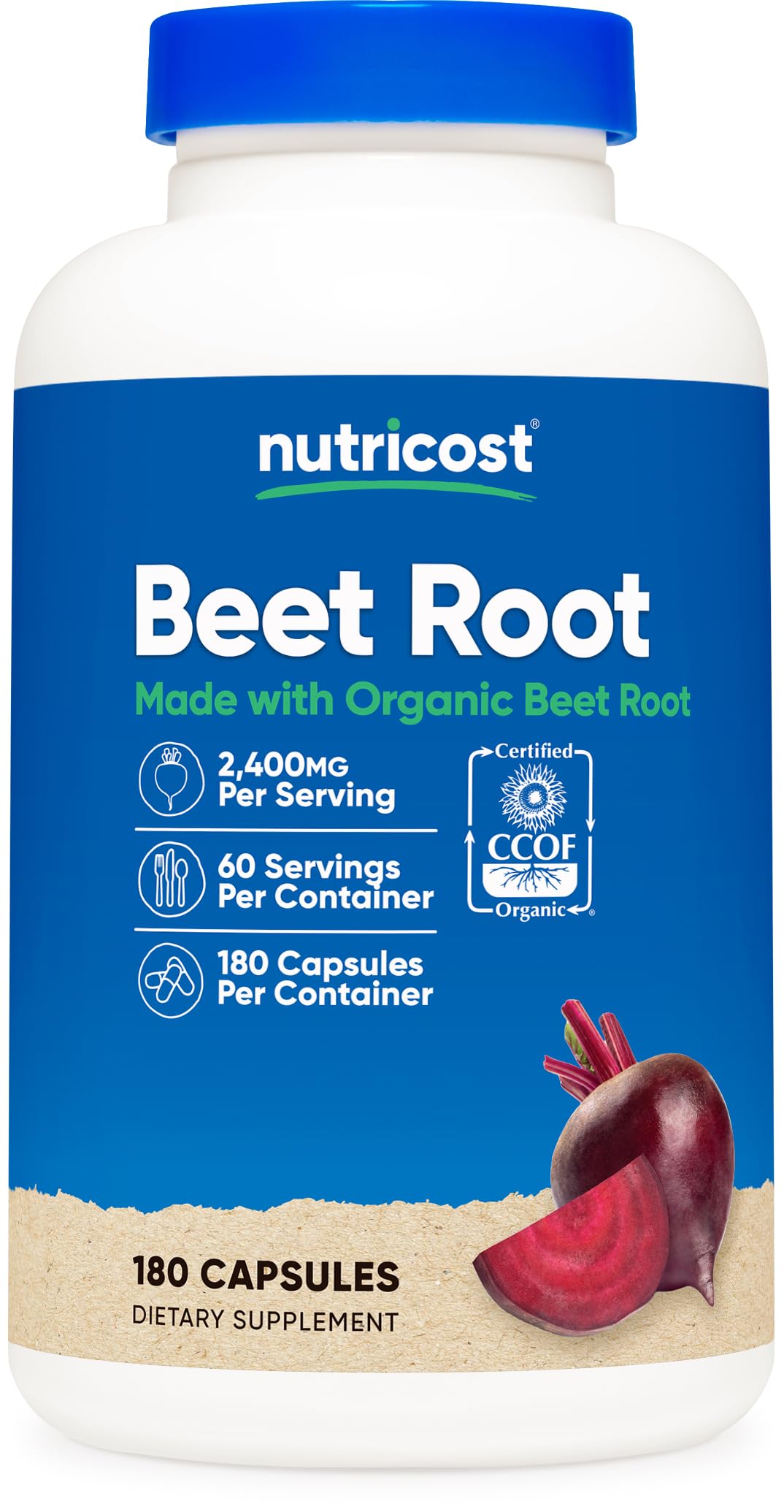 Nutricost frasco frontal con 180 cápsulas, presentación clara y beneficios orgánicos