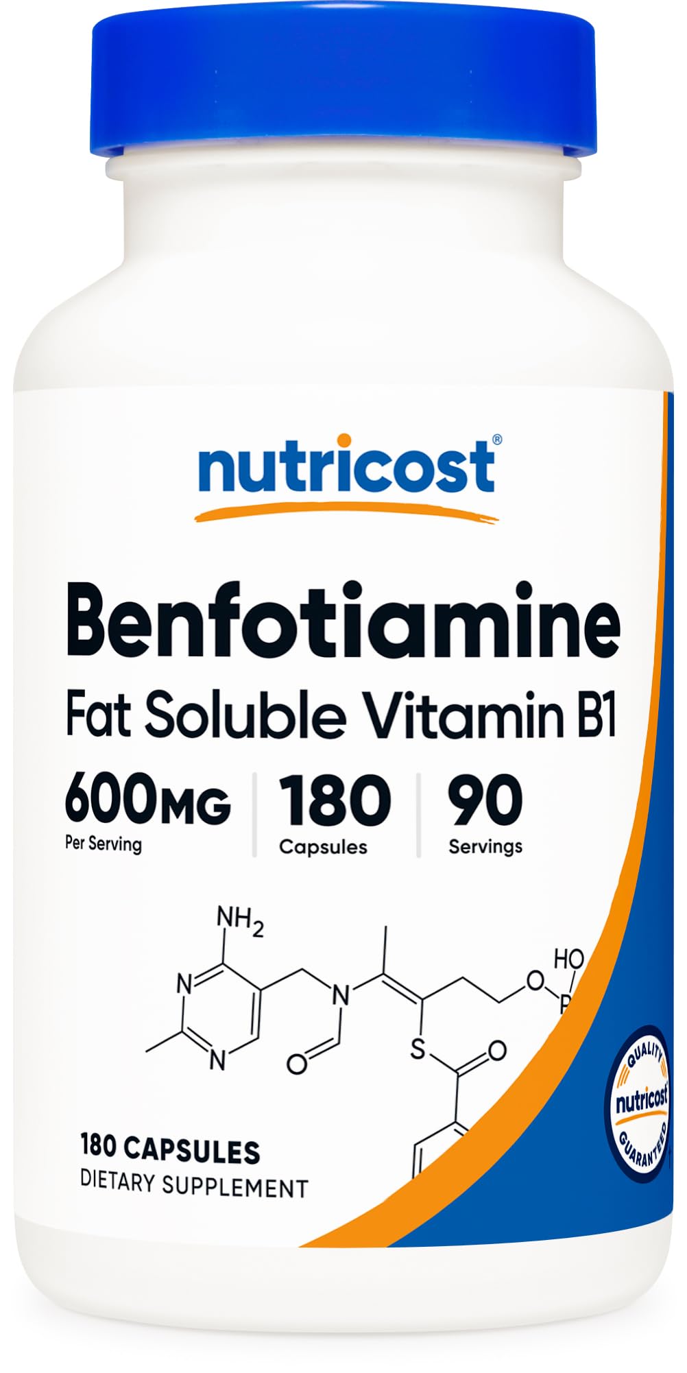 Nutricost botella frontal mostrando 180 cápsulas y beneficio de dosificación clara
