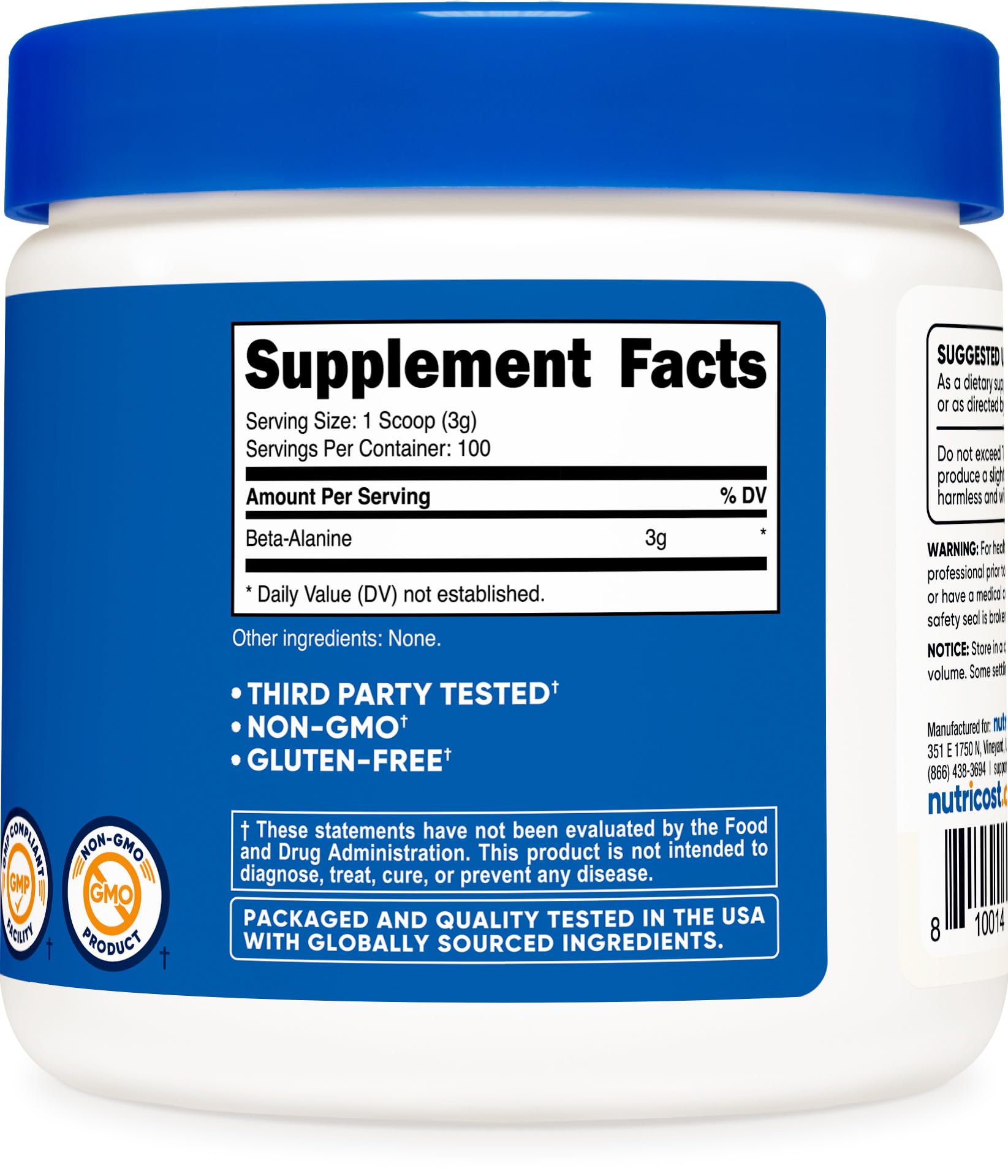 Nutricost etiqueta con certificaciones NSF, GMP y pruebas de terceros