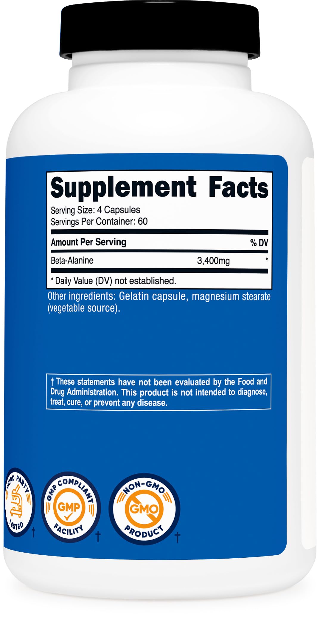 Nutricost etiqueta nutricional mostrando 850 mg por cápsula y certificados