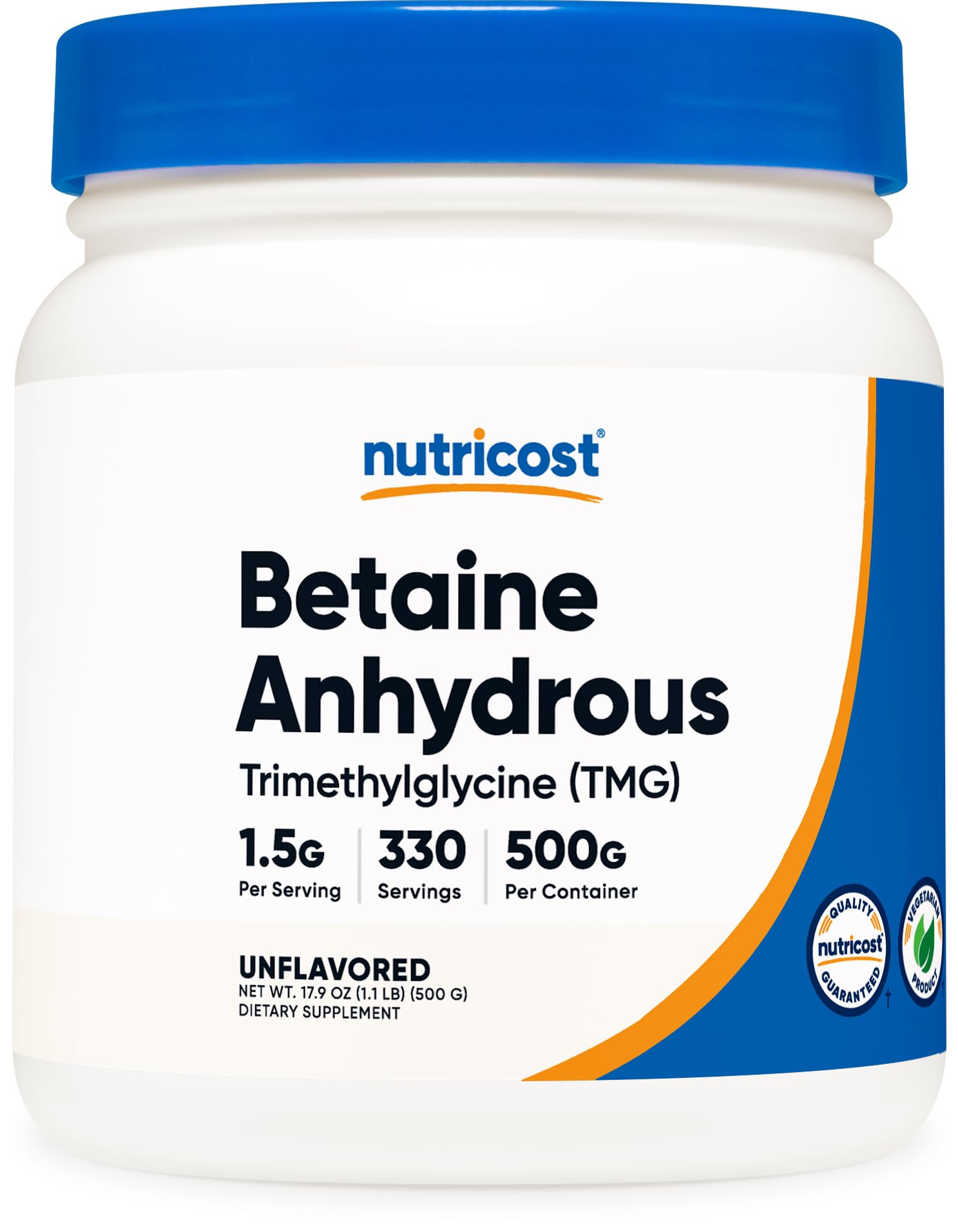 Nutricost bote frontal mostrando 500 g y beneficios de pureza