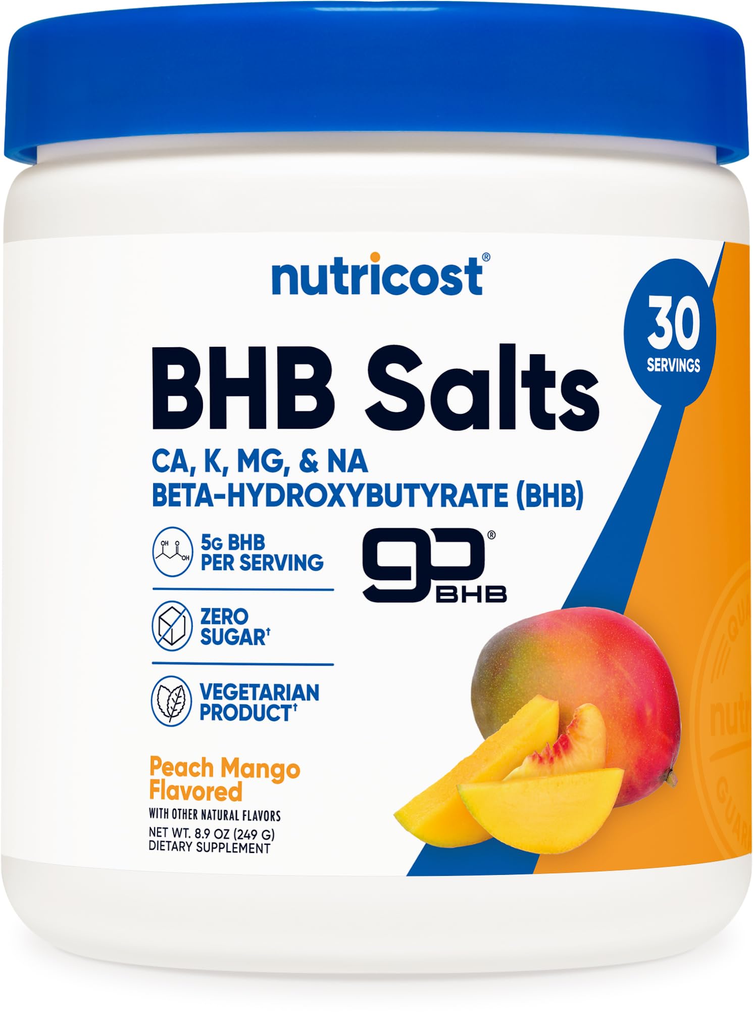 Nutricost bote frontal del mix Durazno Mango mostrando presentación y beneficios