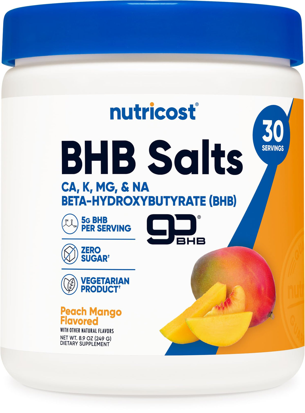 Nutricost bote frontal del mix Durazno Mango mostrando presentación y beneficios