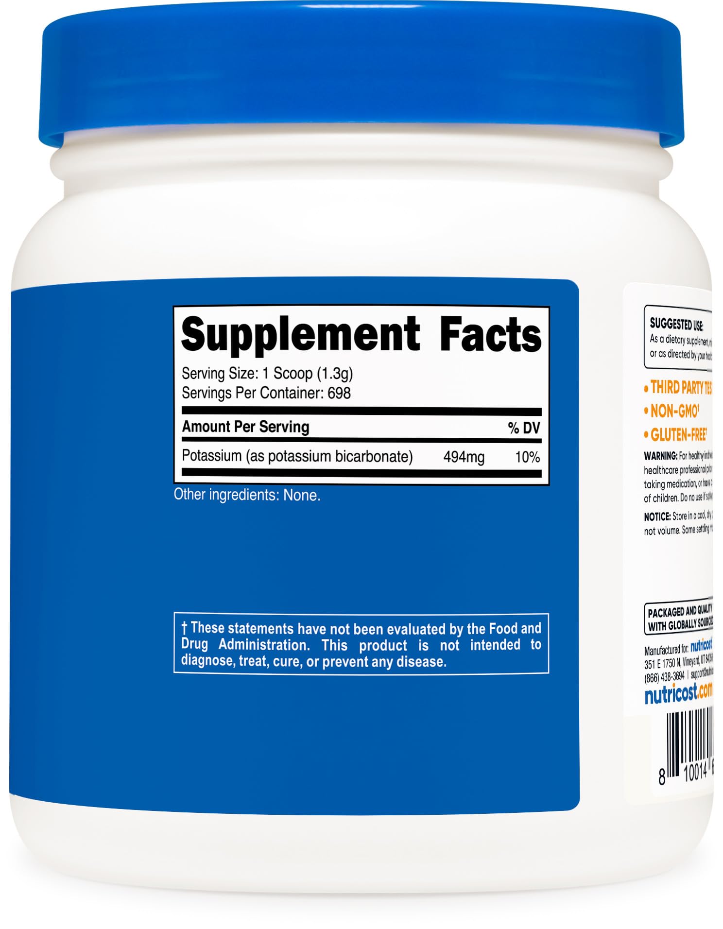 Nutricost envase junto a mano para apreciar tamaño y cantidad